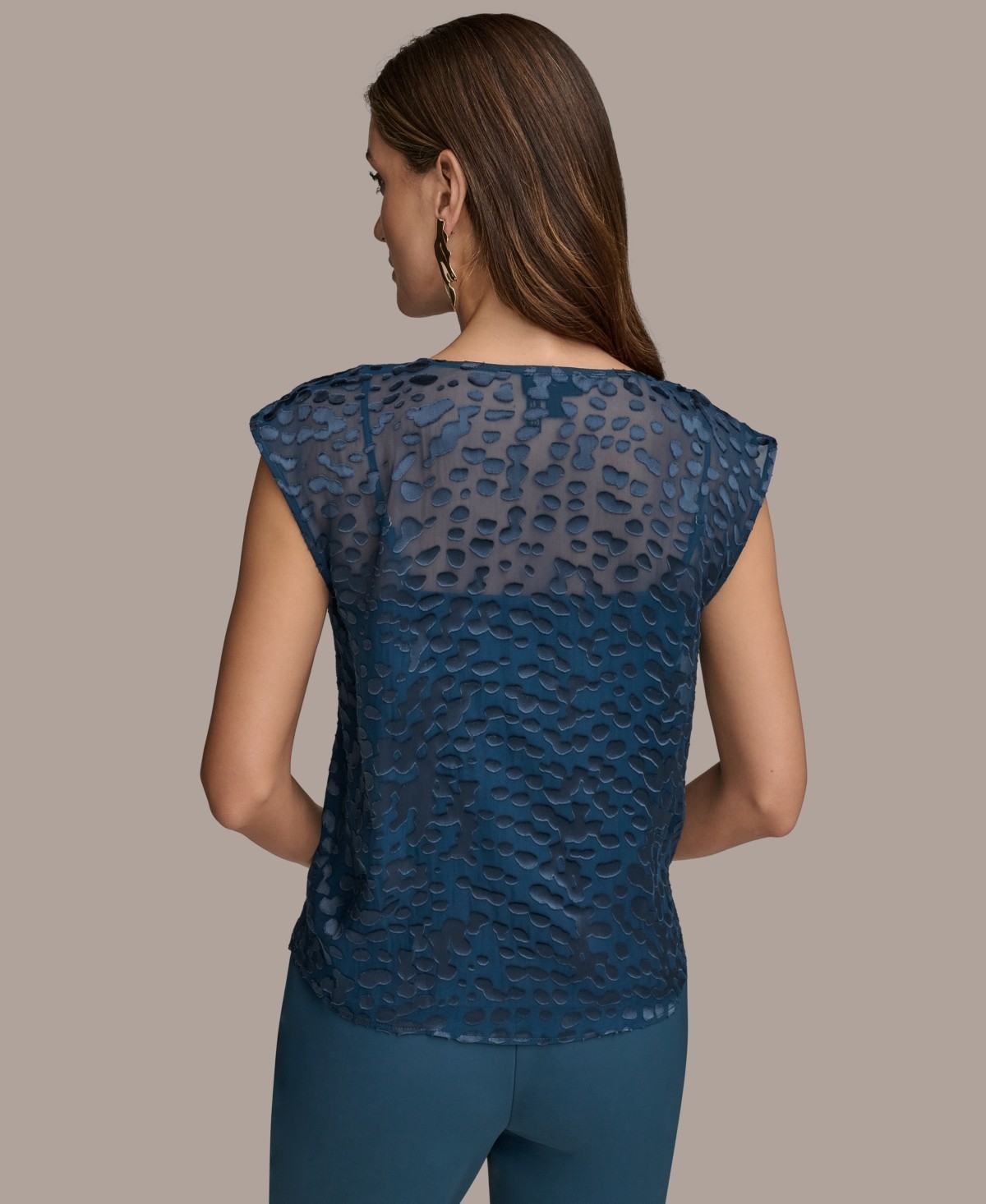 Donna Karan New York Silk-Blend Cap-Sleeve Burnout Blouse Womens L Tide Pullover