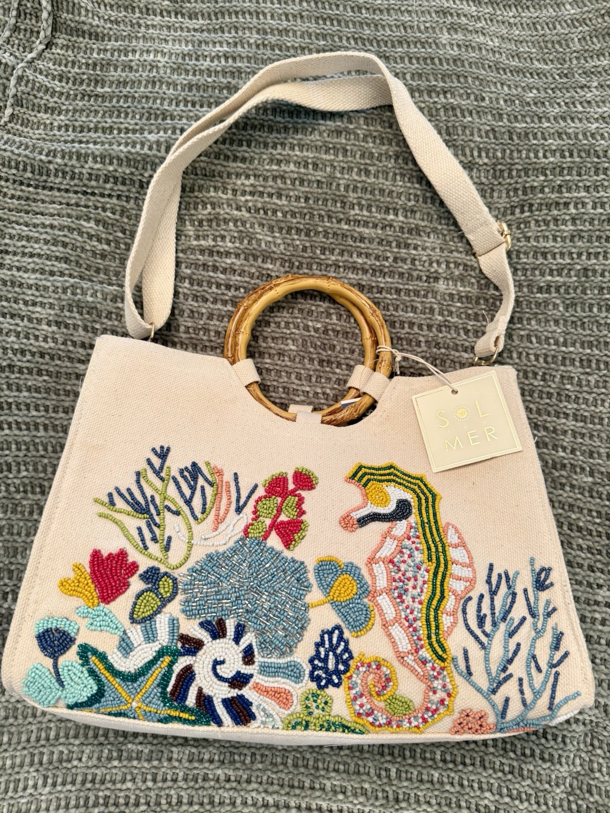 Viral Handcrafted Sea Life Seahorse Medium Tote Bamboo Handles Crossbody Strap