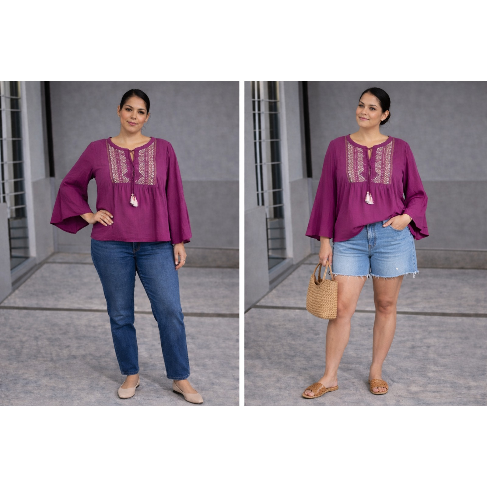 Frye And Co Top 3/4 Bell Sleeve Split Tie Neck Yoke Detail Burgundy Boho Sz-XXL