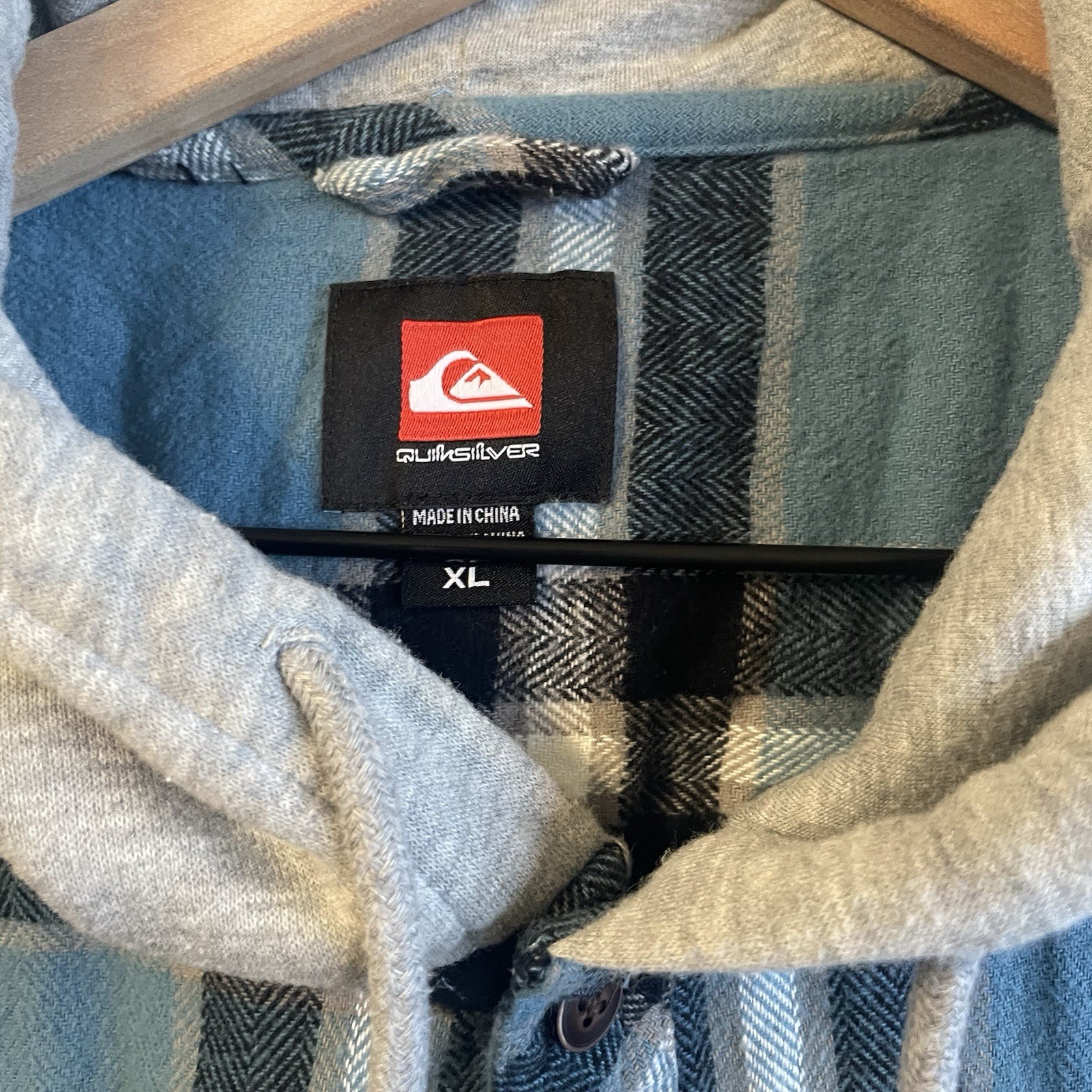 Quiksilver Hooded Flannel Shacket Mens XL Blue Big Plaid Midweight Skate