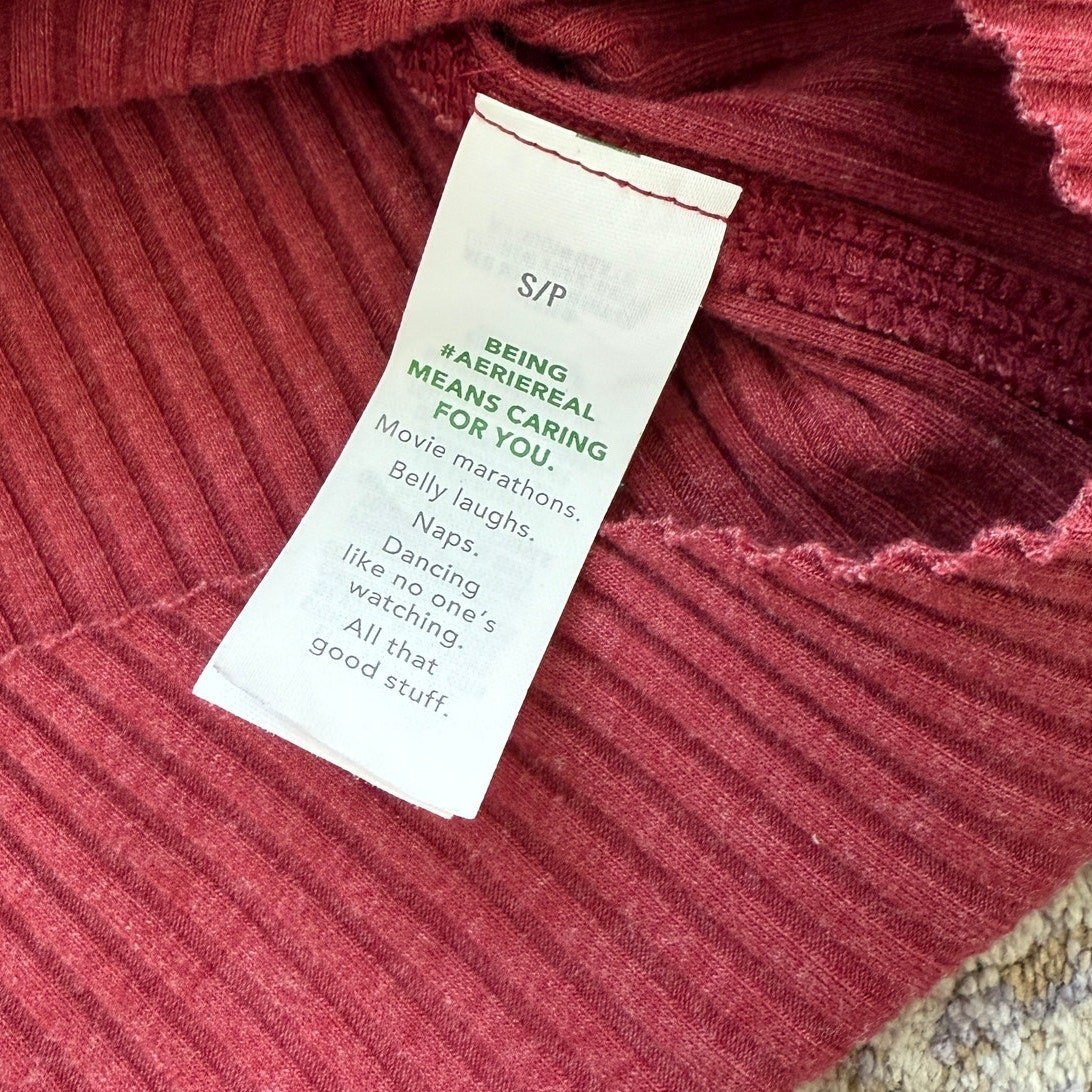 Aerie Womens Small Petite Burgundy Ribbed Henley Shirt Long Sleeve Stretch