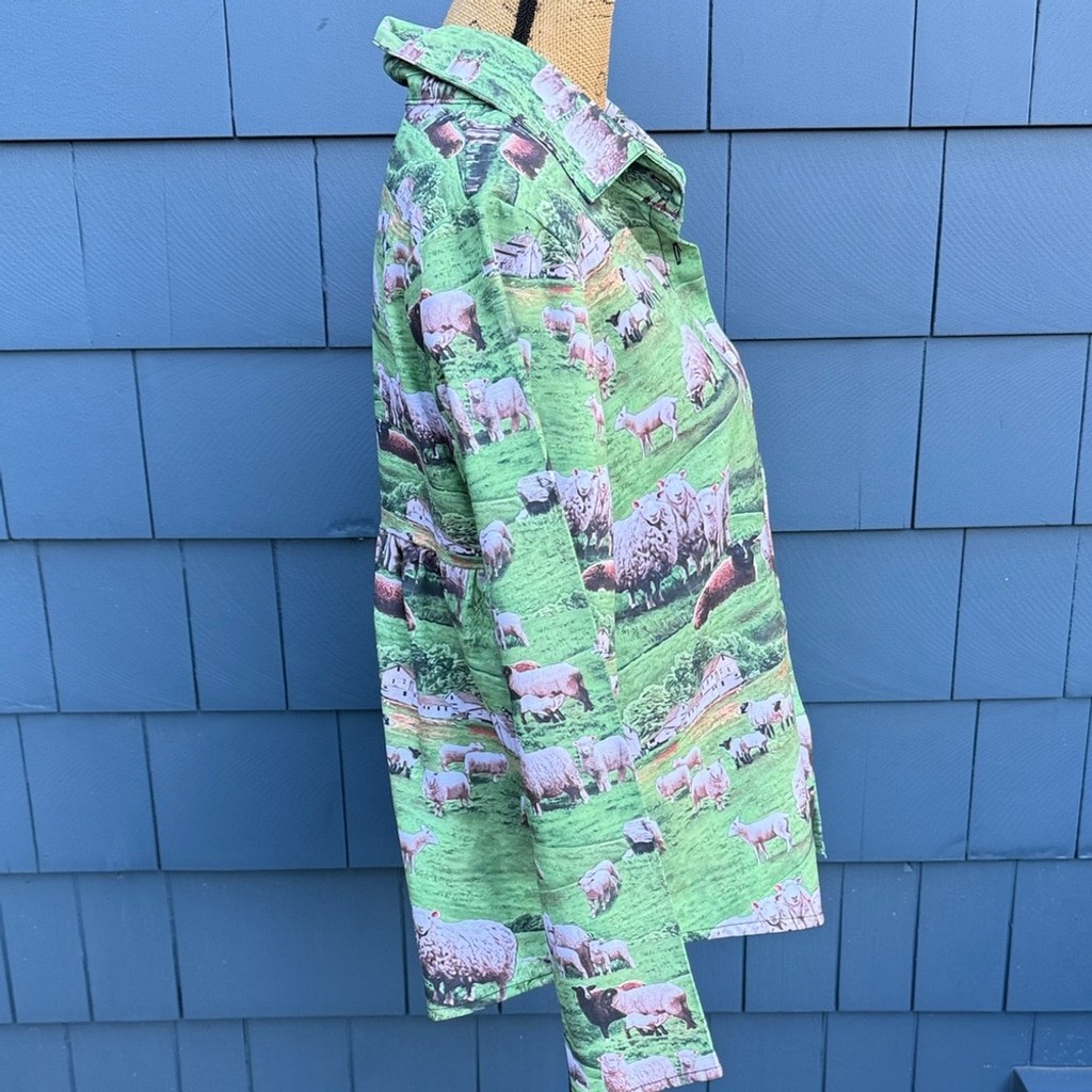 Source Unknown Green Sheep Print Women’s Button Down Shirt funky peplum