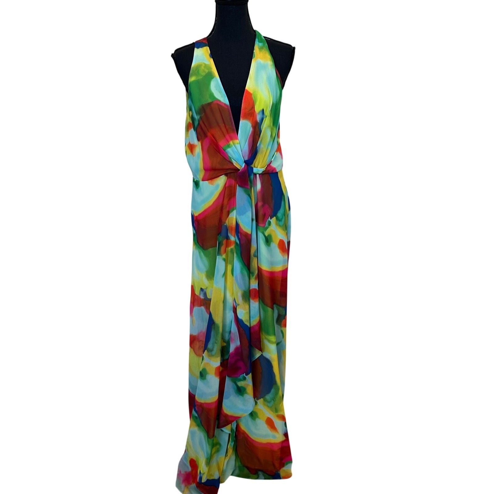 Ralph Lauren Rainbow Watercolor Chiffon Gown SIZE 14 Plunging Maxi Designer $265