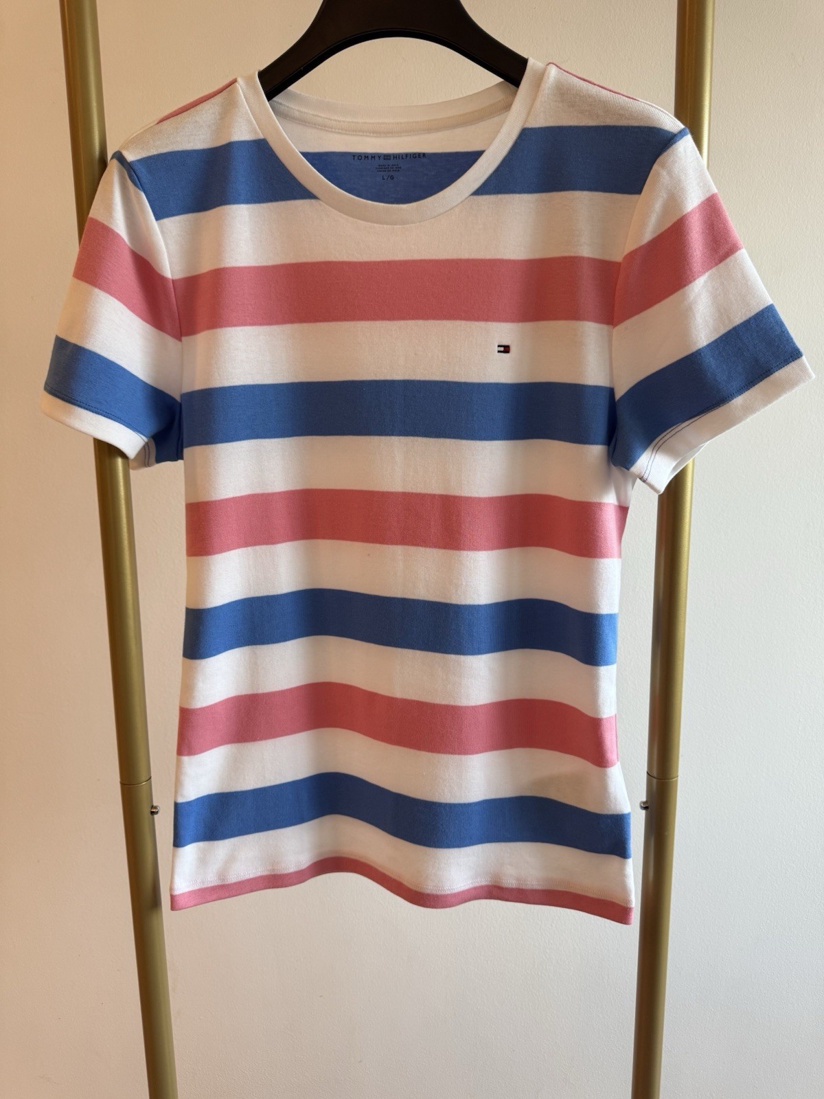 Tommy Hilfiger White Blue Pink Striped Logo Crew Neck T-Shirt women’s L