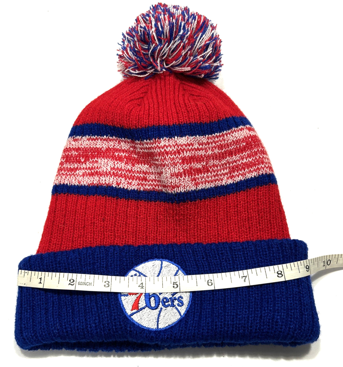 NWT KIPA FITS Red, White & Blue 76ers Foldover Beanie with Pom Pom – One Size