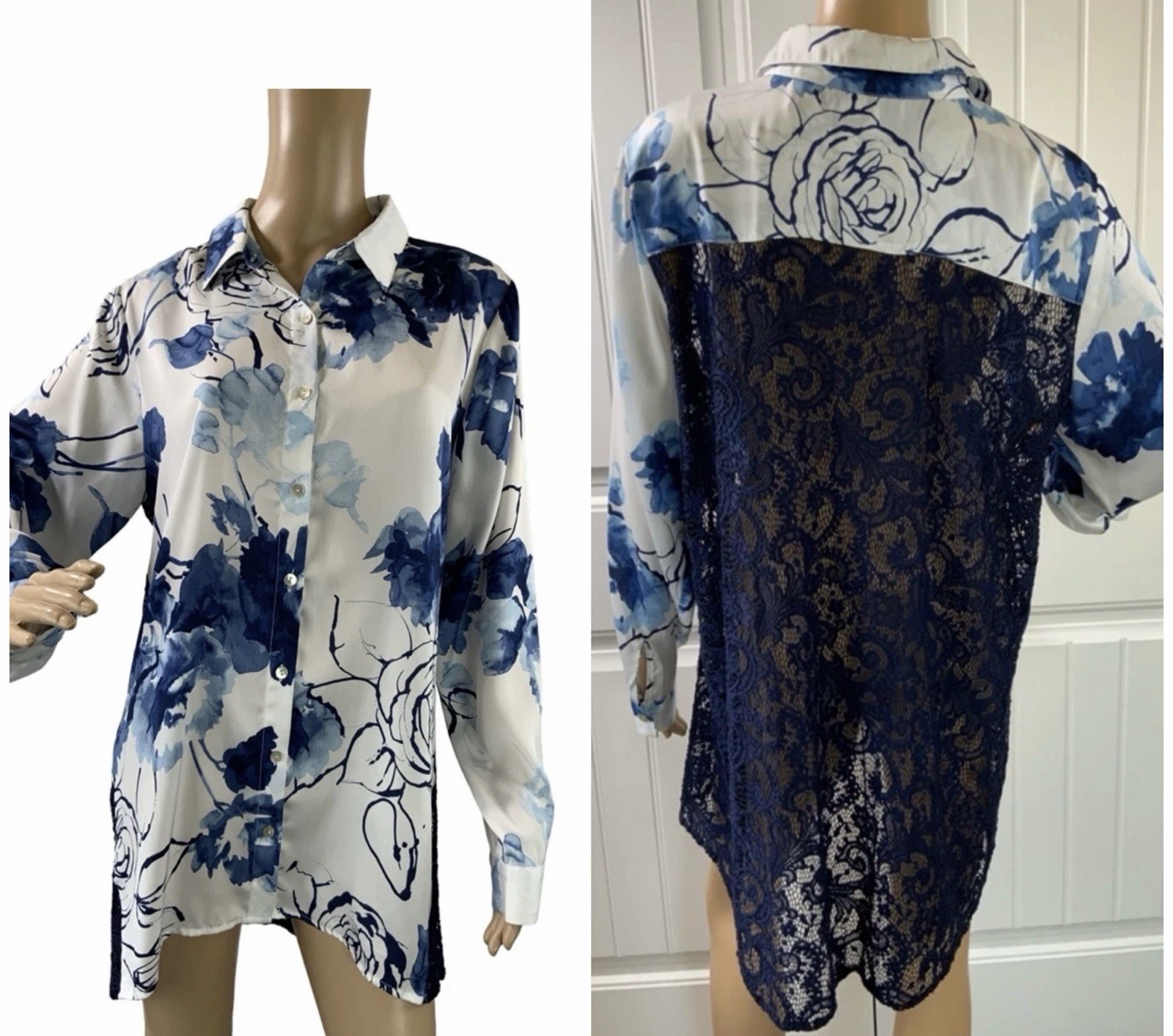 Womans Floral Button-Up Shirt Sz Med White/Blue Lace Back Eclectic Grandpa Artsy