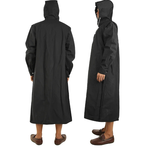 Men Black Waterproof Long Raincoat Hooded Trench Jacket Outdoor Hiking Rain Coat