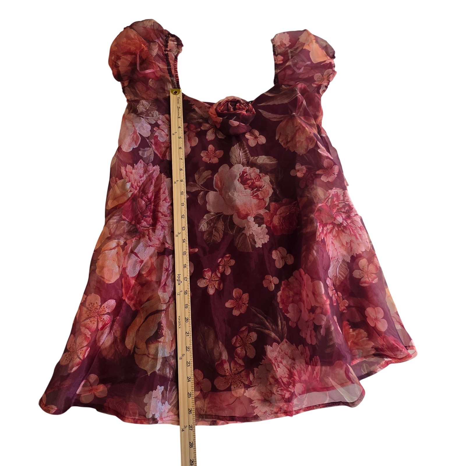 Lulus Mini Dress NWT Burgundy Wine Red Floral Rose Organza Babydoll Medium