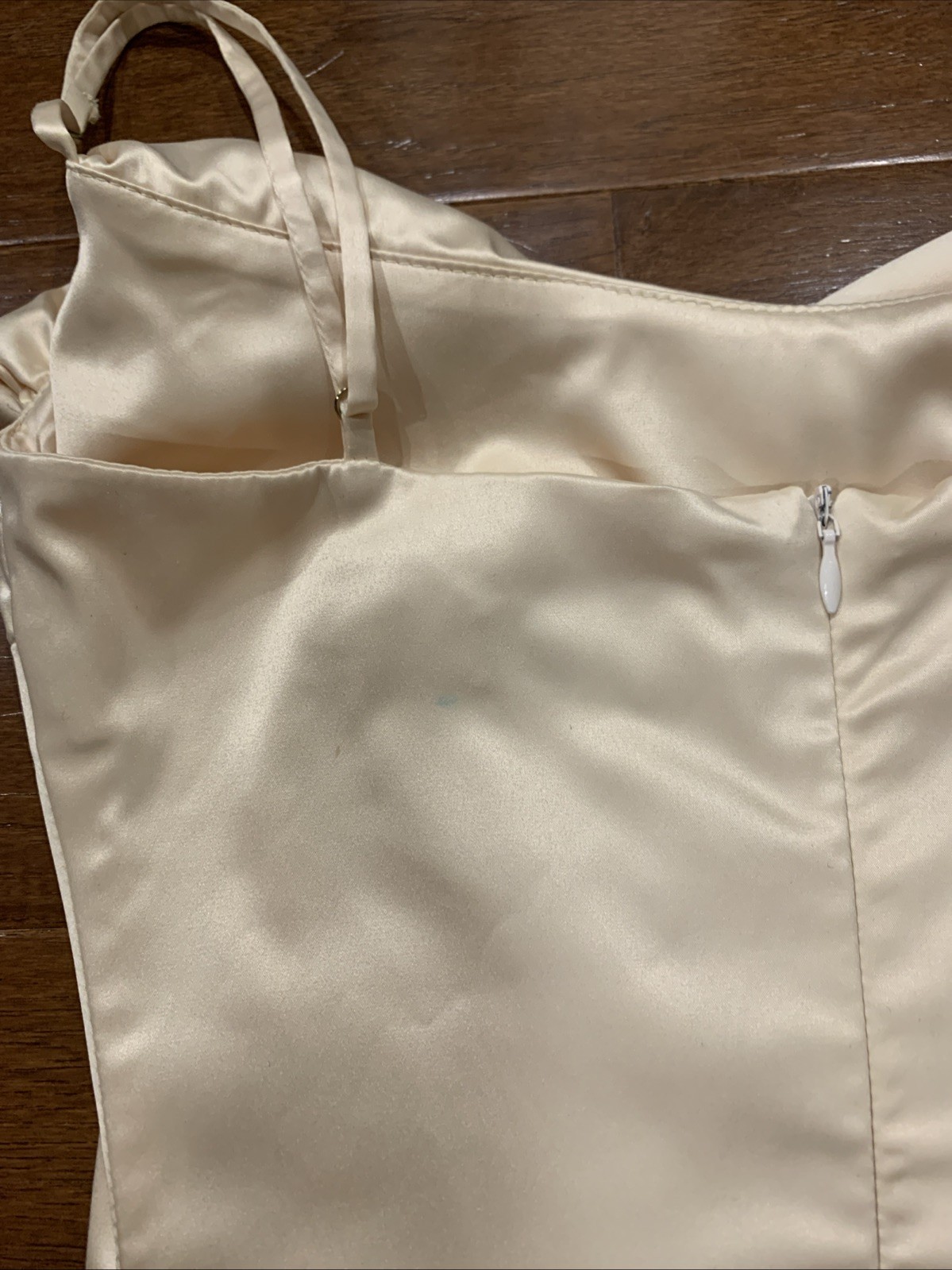 Oh Polly Champagne Stretch Satin Mini Slip Dress Straps Cowl Drape Zip US 4 UK 8