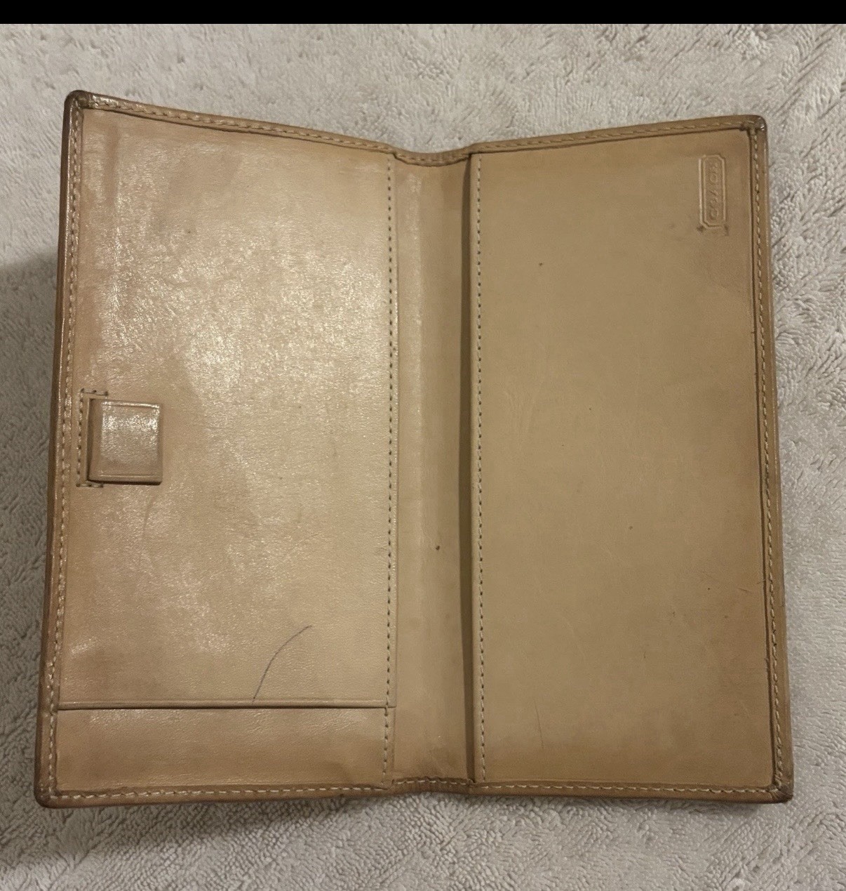 Coach Checkbook Wallet Beige Canvas Leather Trim Signature Long Wallet Fair Cond
