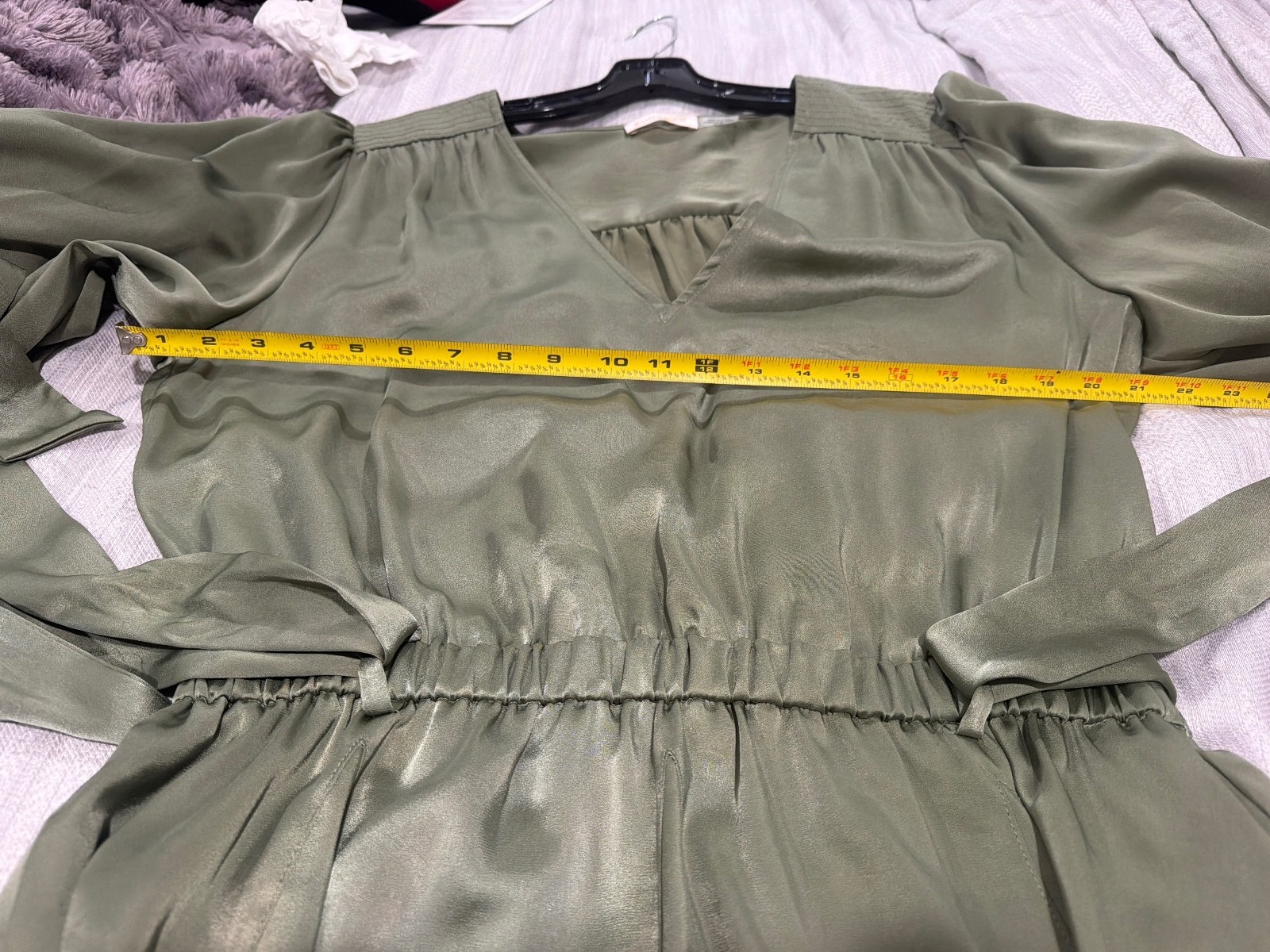 Ramy Brook Olive Green Satin Long Sleeve Dress with Tie Waist, Size XL