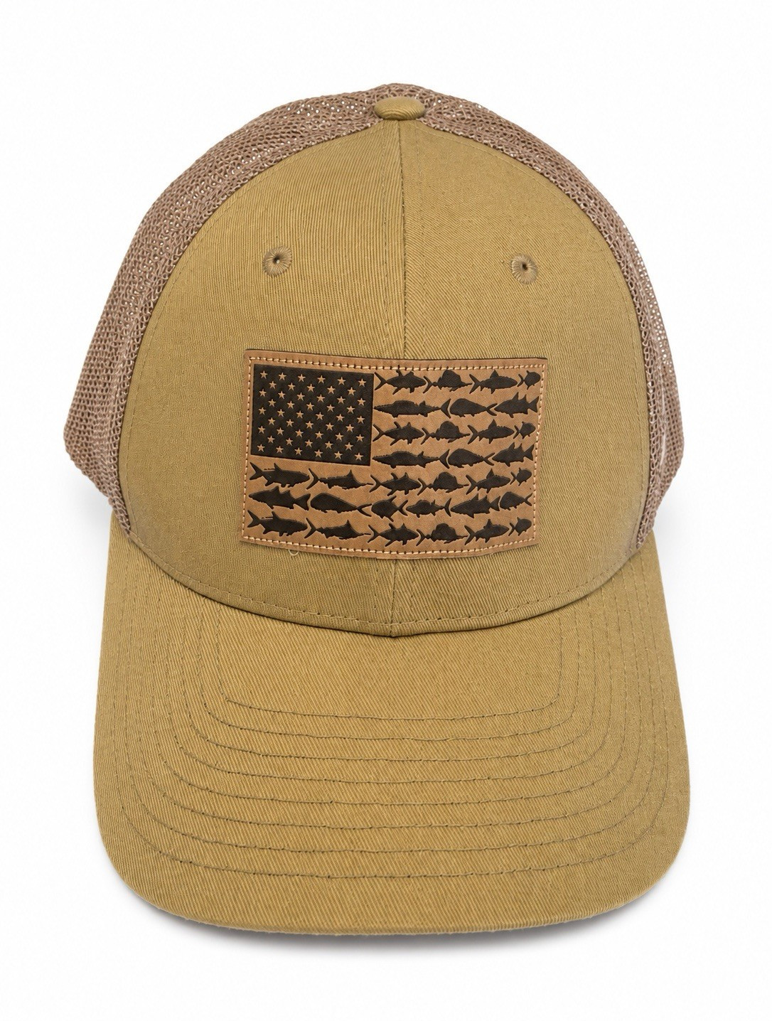 Columbia Tan Trucker Hat L/XL Mesh Back Stretch Fish Patriotic Flag Patch