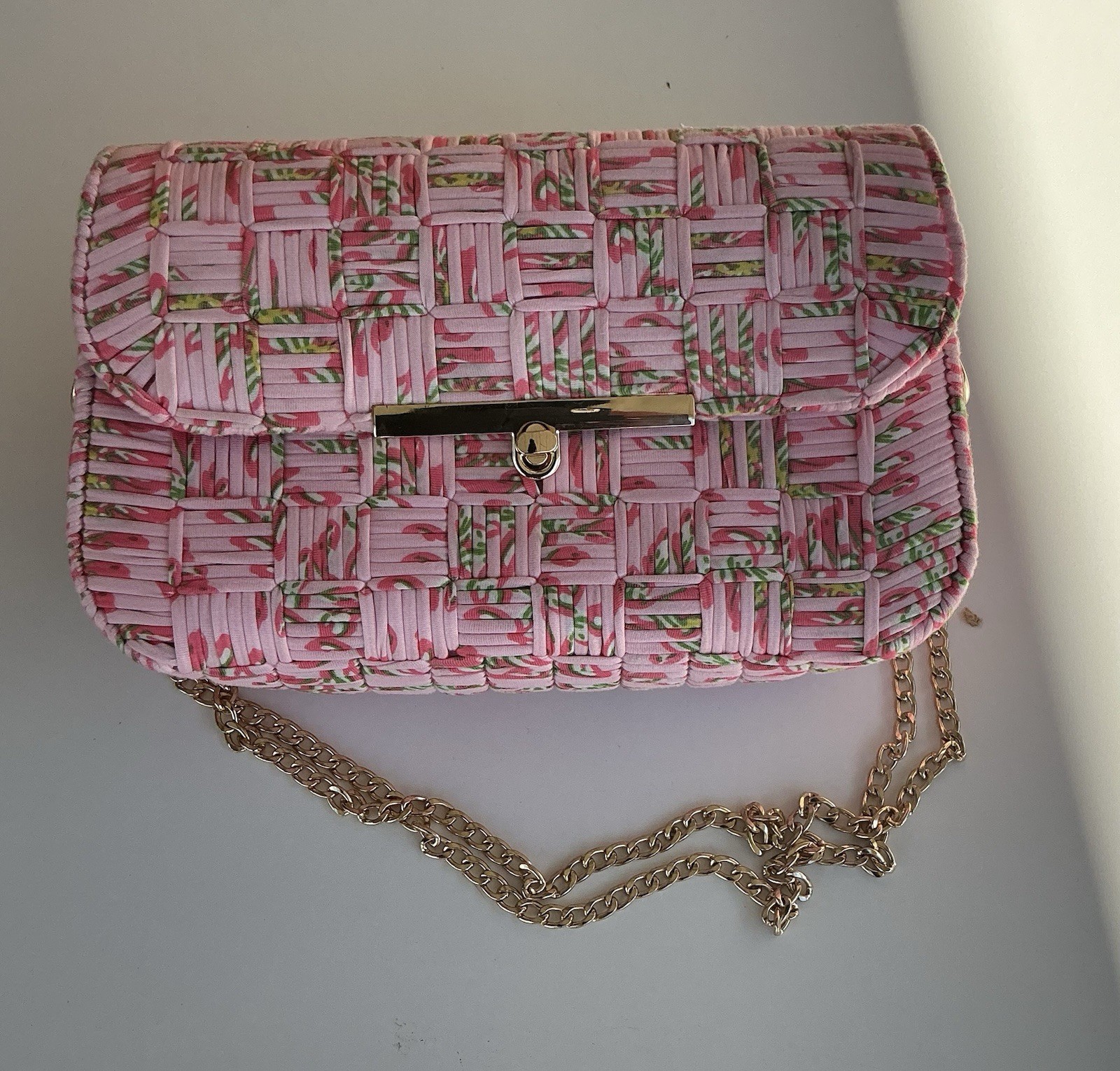 Pink Small Rectangle Shoulder Bag Turn Lock Gold Hardware Chain Strap Colorful