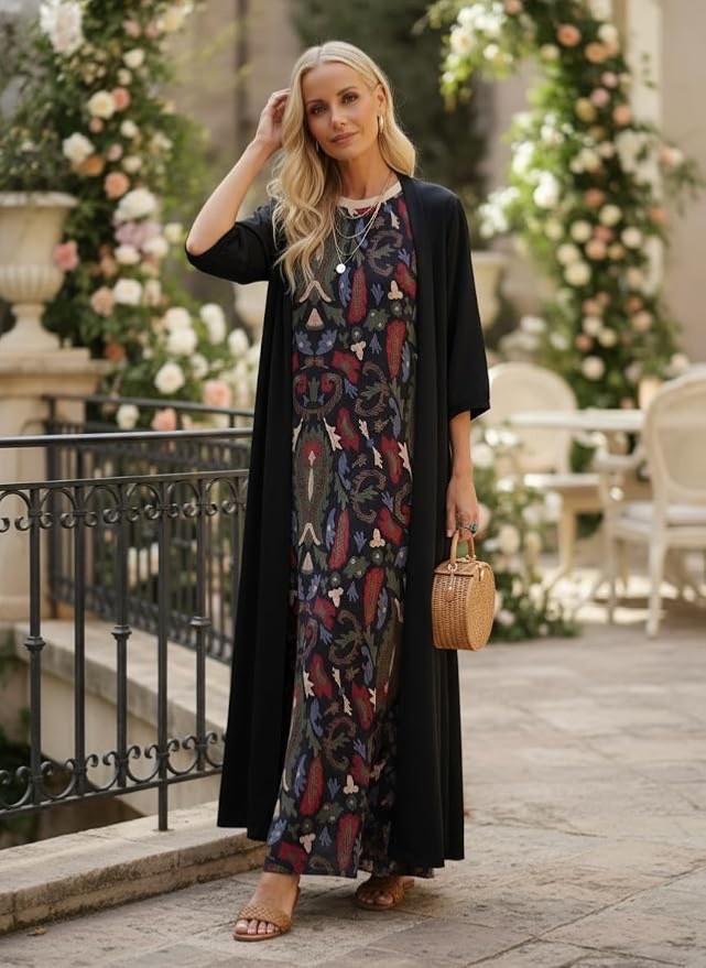 Women’s Summer Vacation 2 Piece Boho Maxi Dress Set with Cardigan Elegant Floral