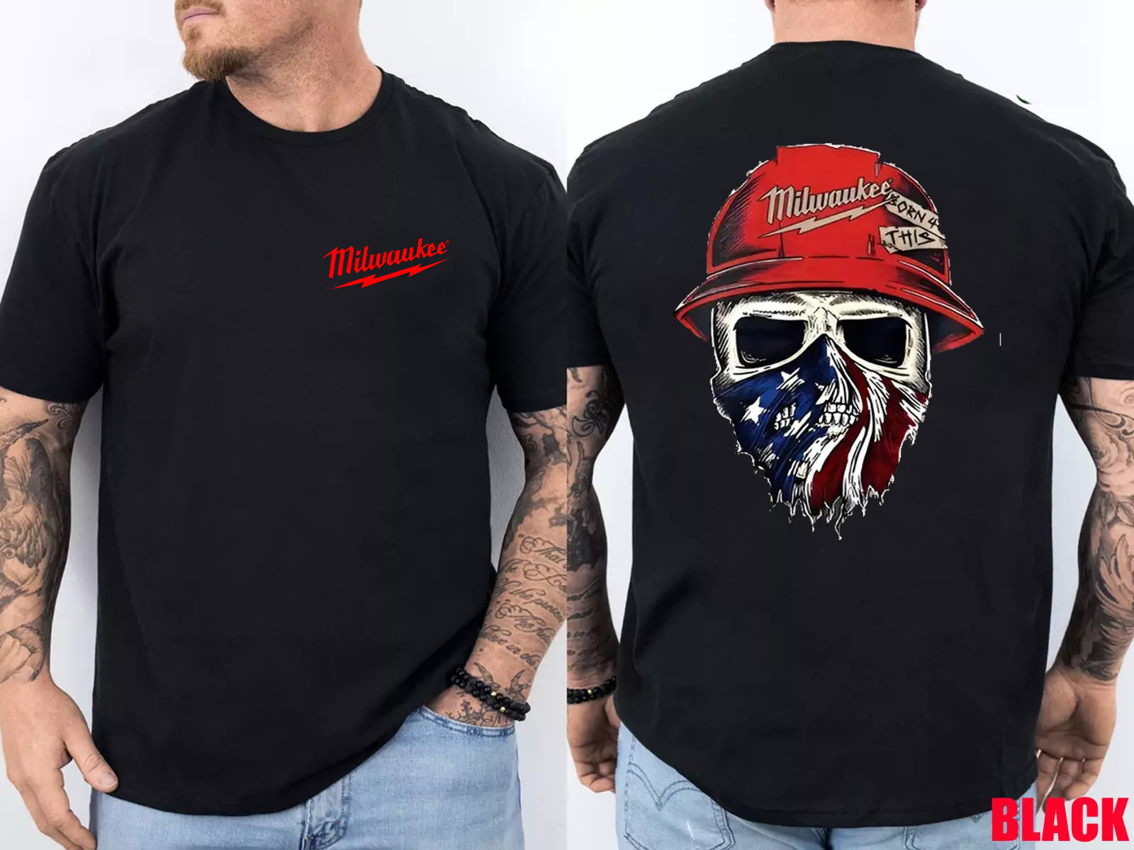 Milwaukee Tool Roughneck Skull America Flag T-Shirt, Unisex 2-Sided