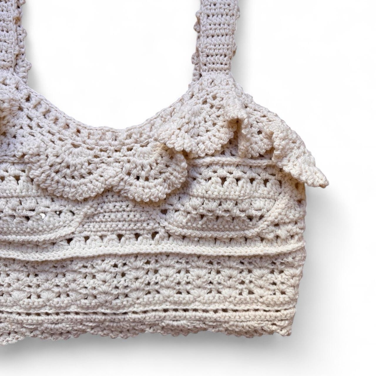 Sea NY Cream Boho Crochet Knit Ruffle Sleeveless Tank Top Size Small