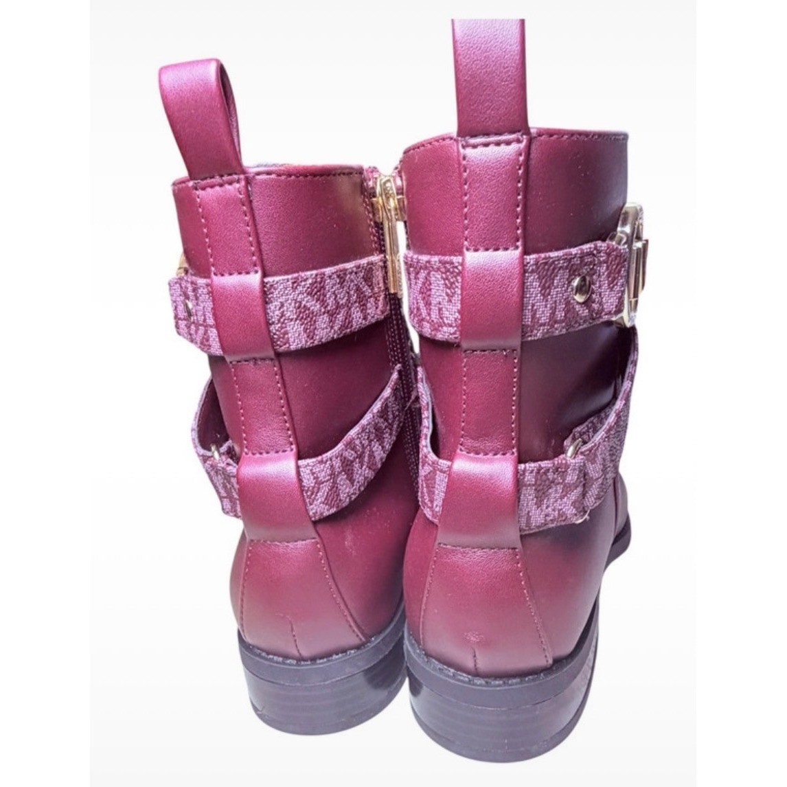 Michael Kors Womens Merlot Monogram Ankle Boots Gold MK Logo Buckle Side Zip