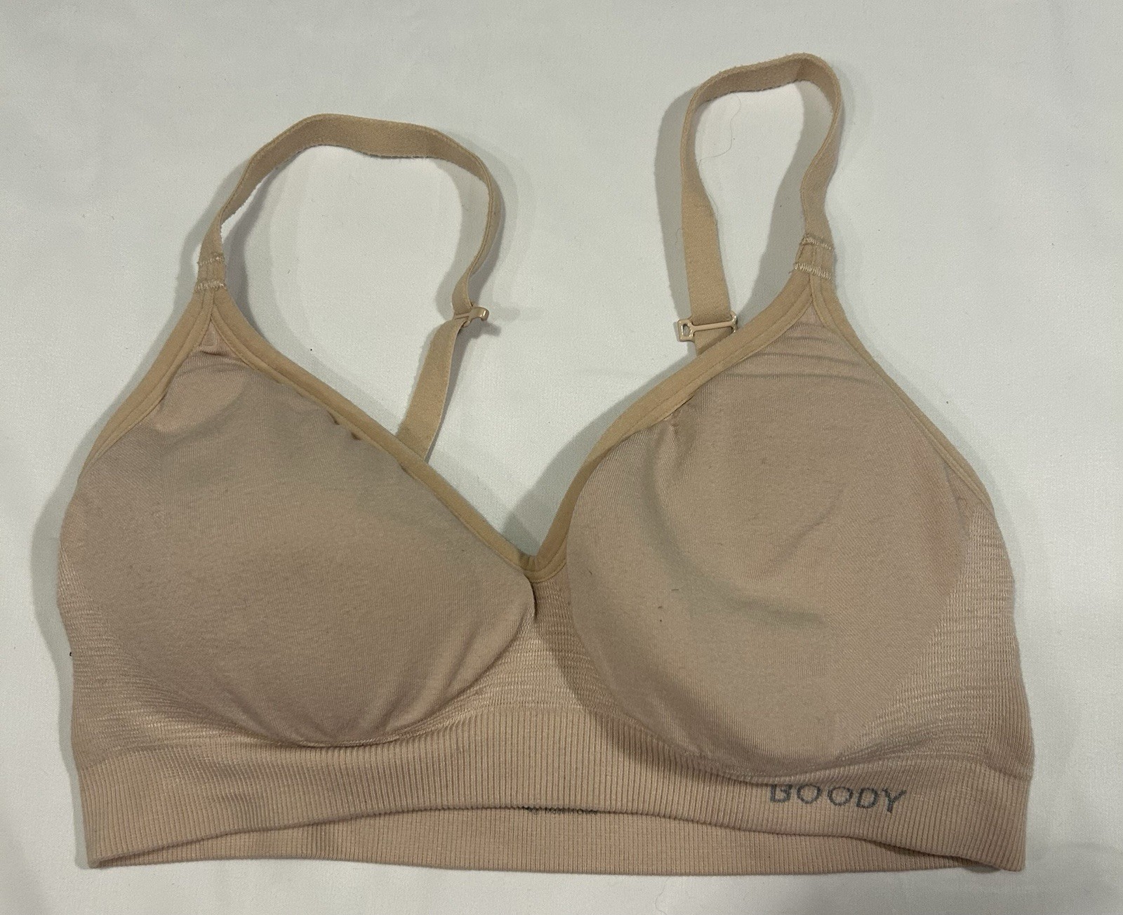Boody Beige Wireless Padded Sports Bra Crossback Low Support Logo Size M