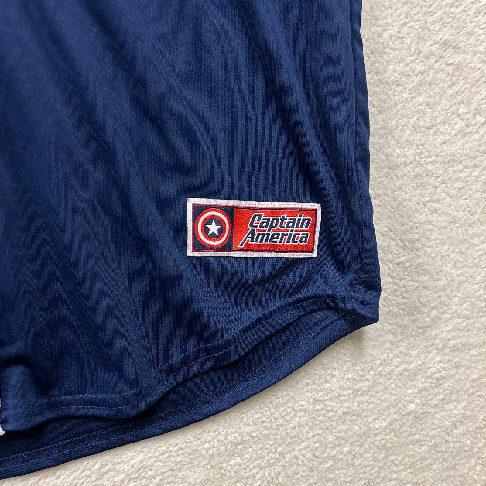 Marvel Captain America Baseball Jersey Mens Medium Blue Button Up Mad Engine Pat