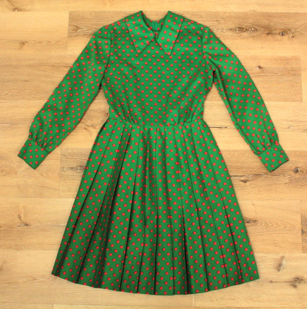 VTG 60s Green & Red Polka Dot Mod Pleated Skirt Dress Sz M 1960s Carlye