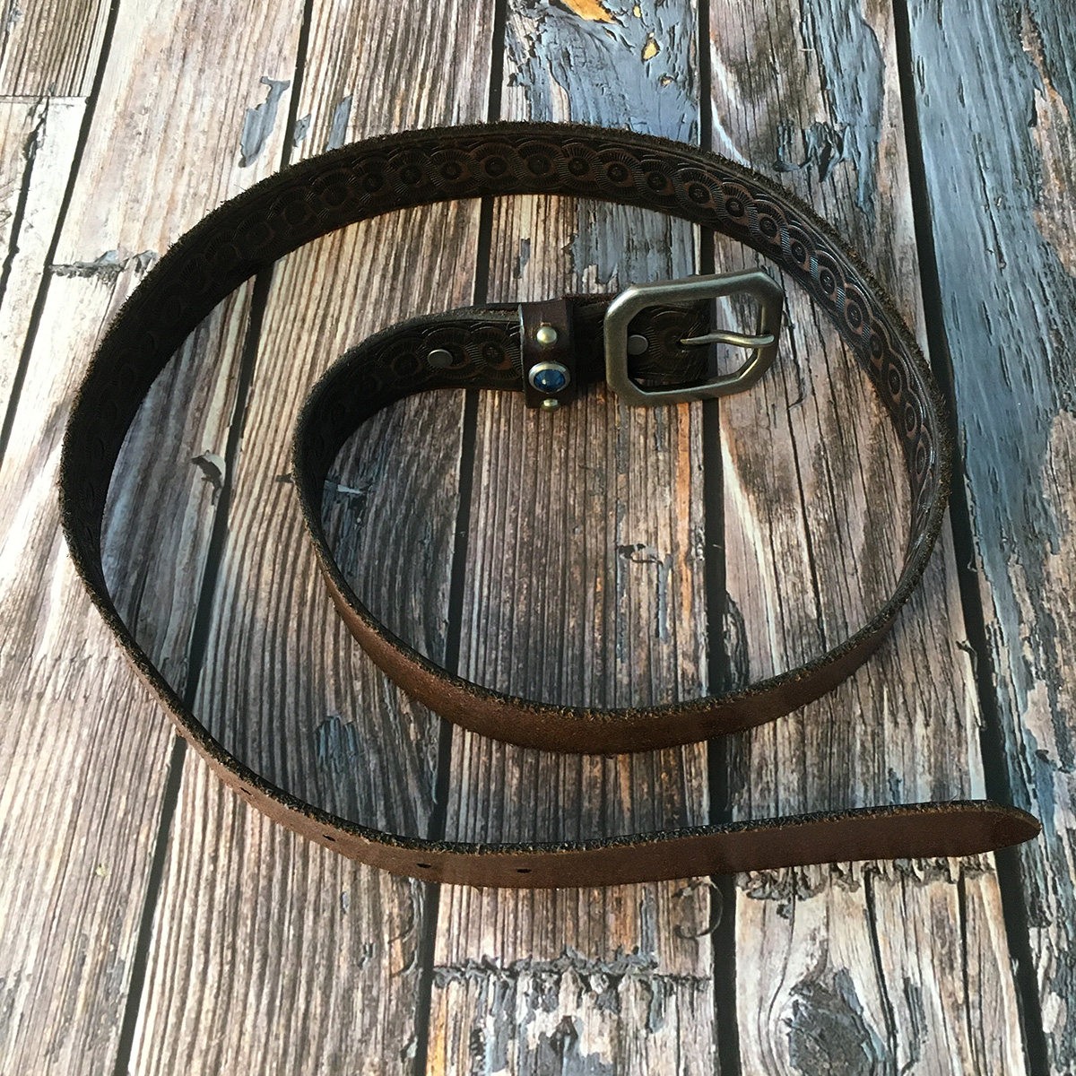 RRL Double RL Vintage Western Brown Tooled Leather Belt with Blue Gem Size 34