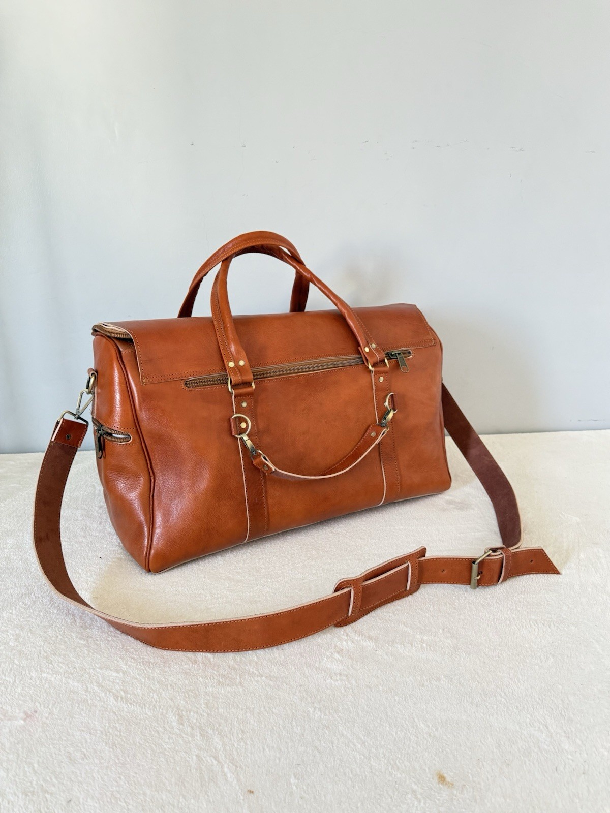 Genuine Leather Travel Bag – Cognac Caramel Brown | 55 × 35 × 25 cm – handmade