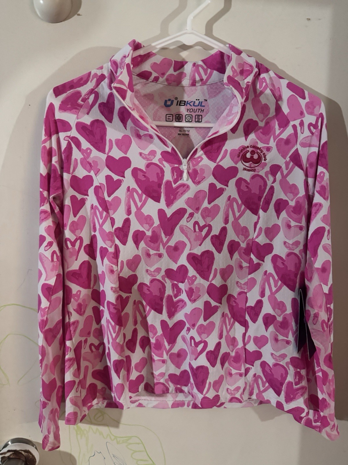 SZ L IBKUL Womens 1/4 Zip Top Pink Heart Print Mock Neck Long Sleeve UPF 50