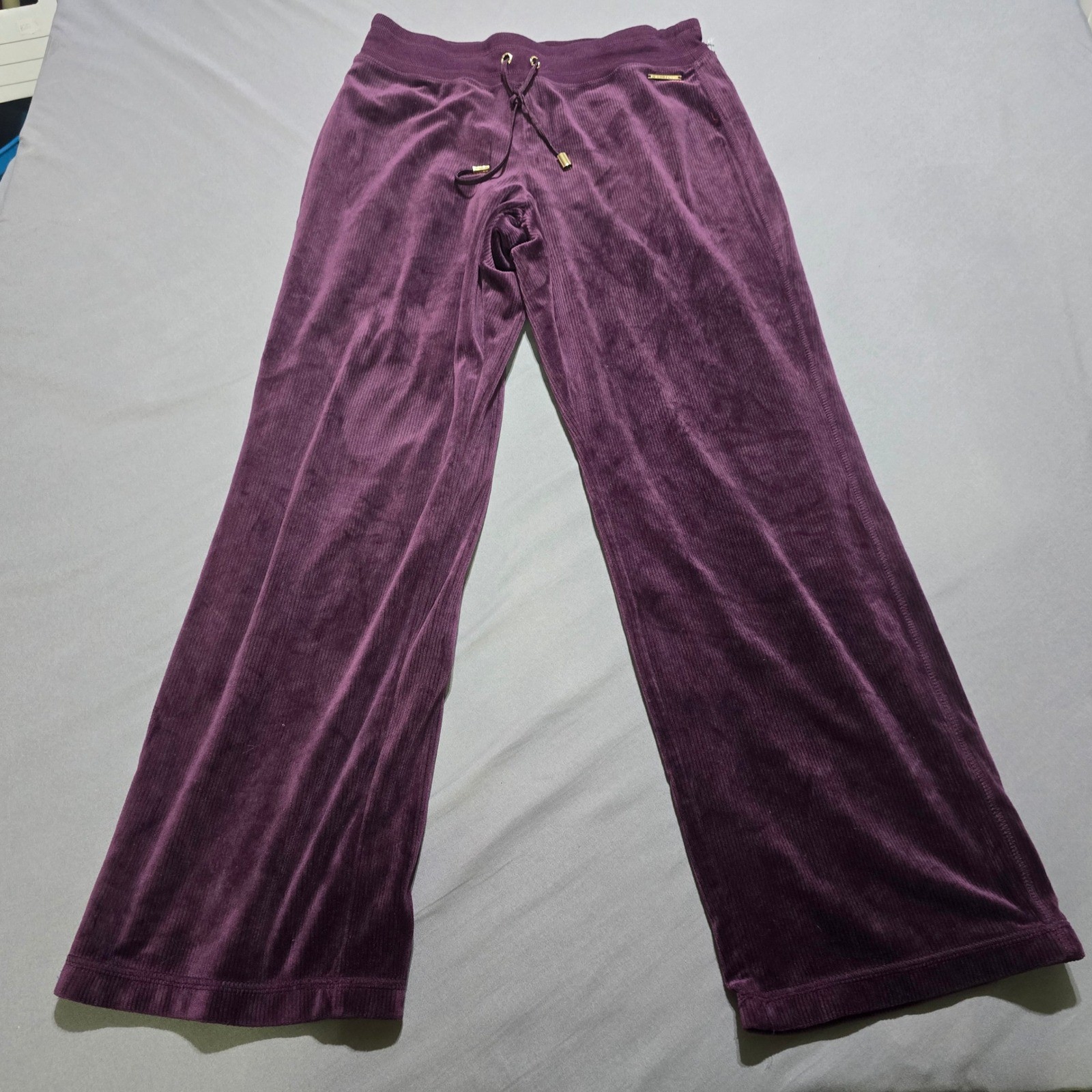 Halston Velour Lounge Pants Womens Medium Purple Ribbed Wide Leg Drawstring