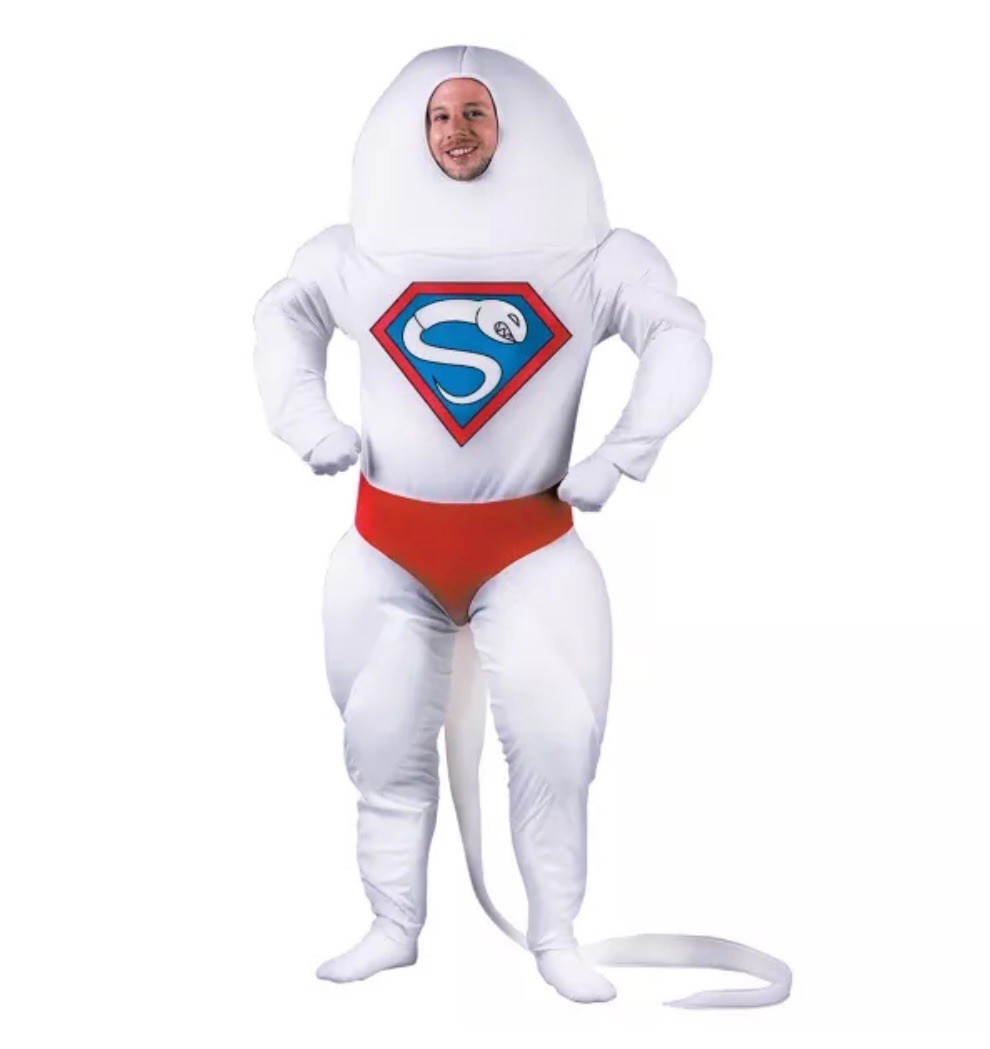 Super Sperm Costume Adult One Size Fits Most Jumpsuit Halloween Party Tail 2009