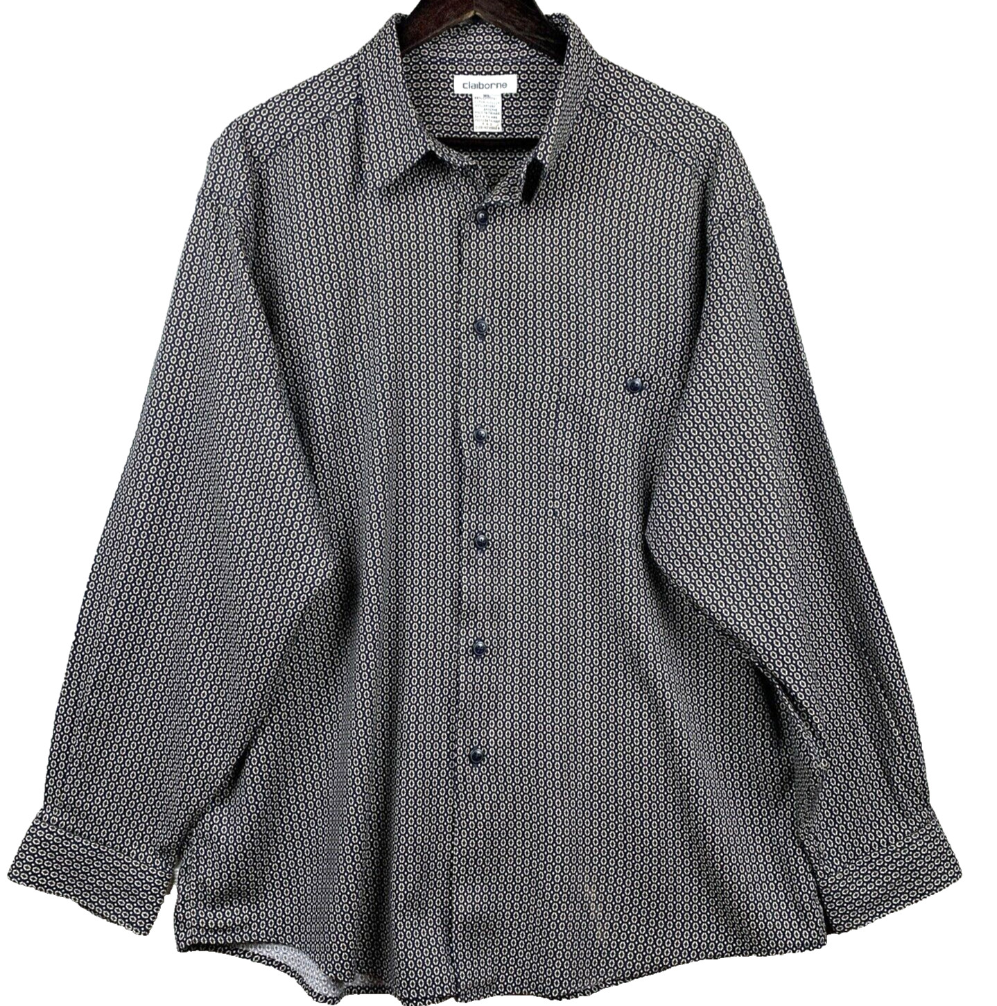 CLAIBORNE Button Up Shirt Men’s Extra Large Black Olive Geometric Modern Casual