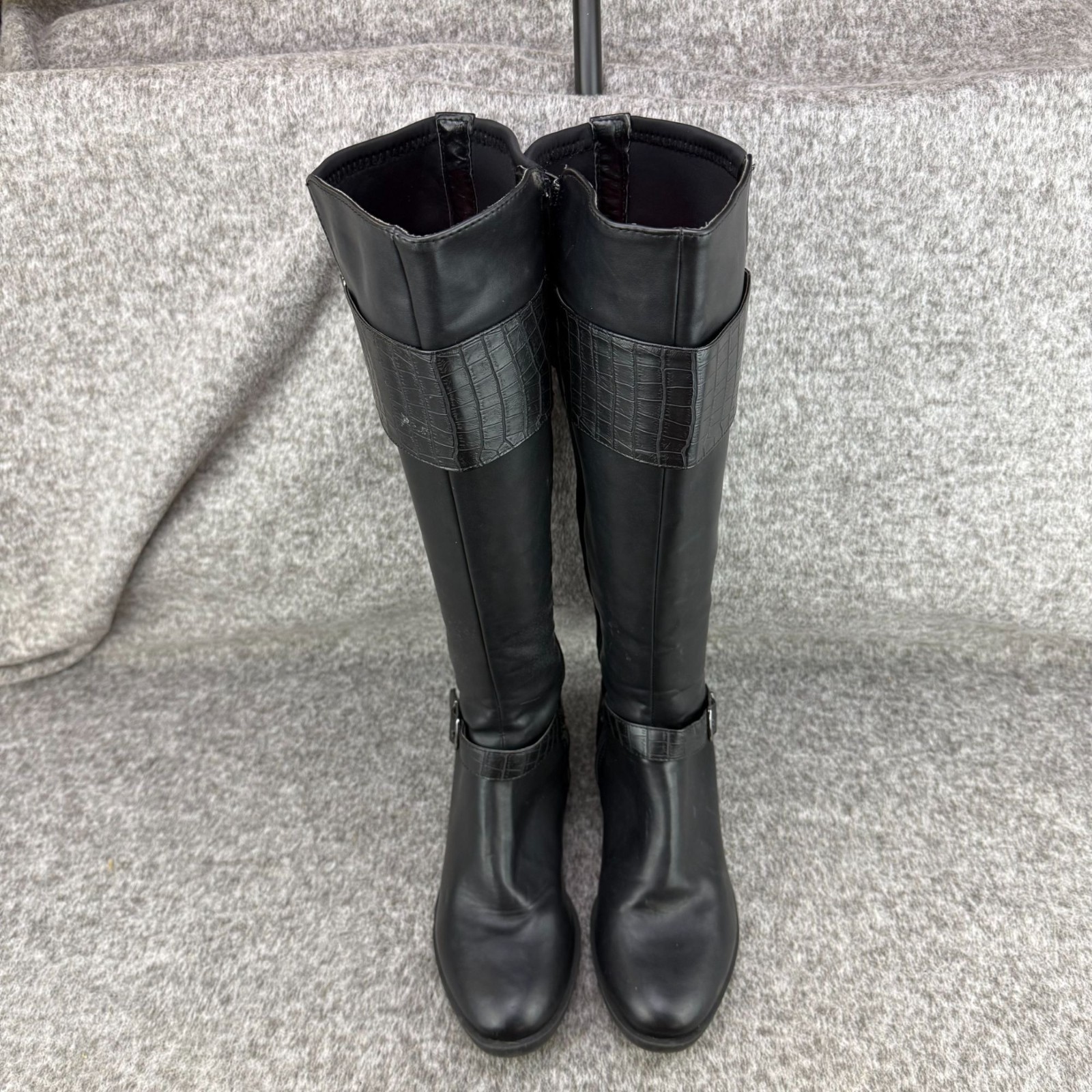 ✅Womens 9M Nicole Tess Black Knee-High Riding Boots Side-Zip Double Buckle Strap