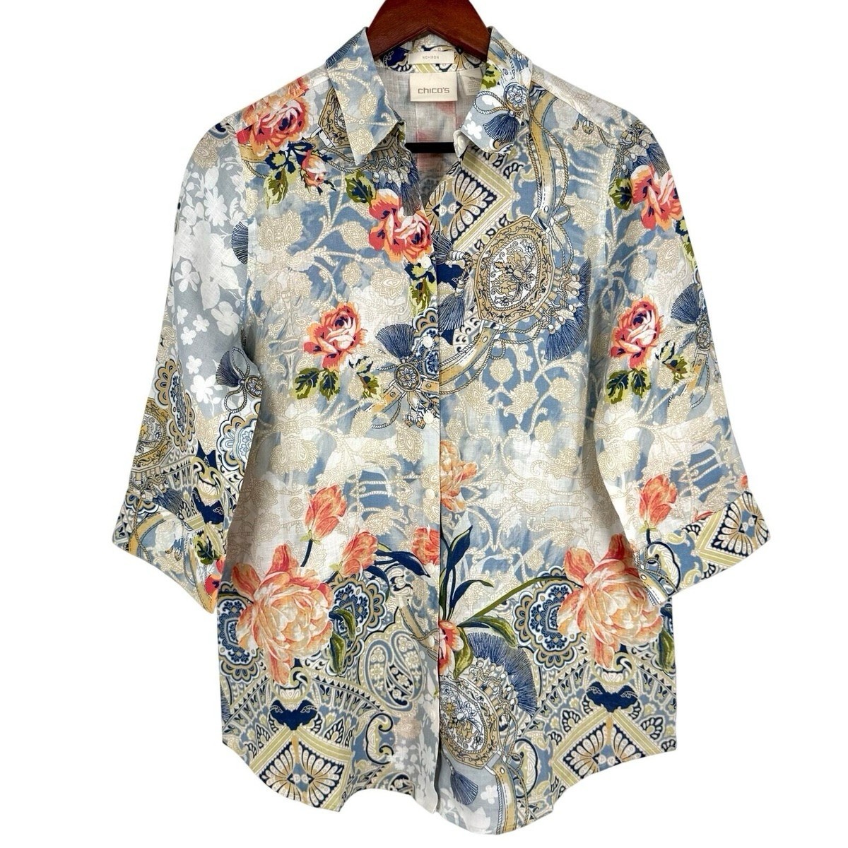 Chico’s Linen Blend Button-Up with Soft Blue Floral Print