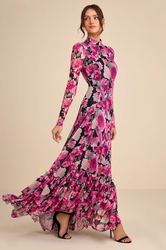 Lulus Emilina Black and Magenta Floral Mock Neck Maxi Dress. #eveningwear
