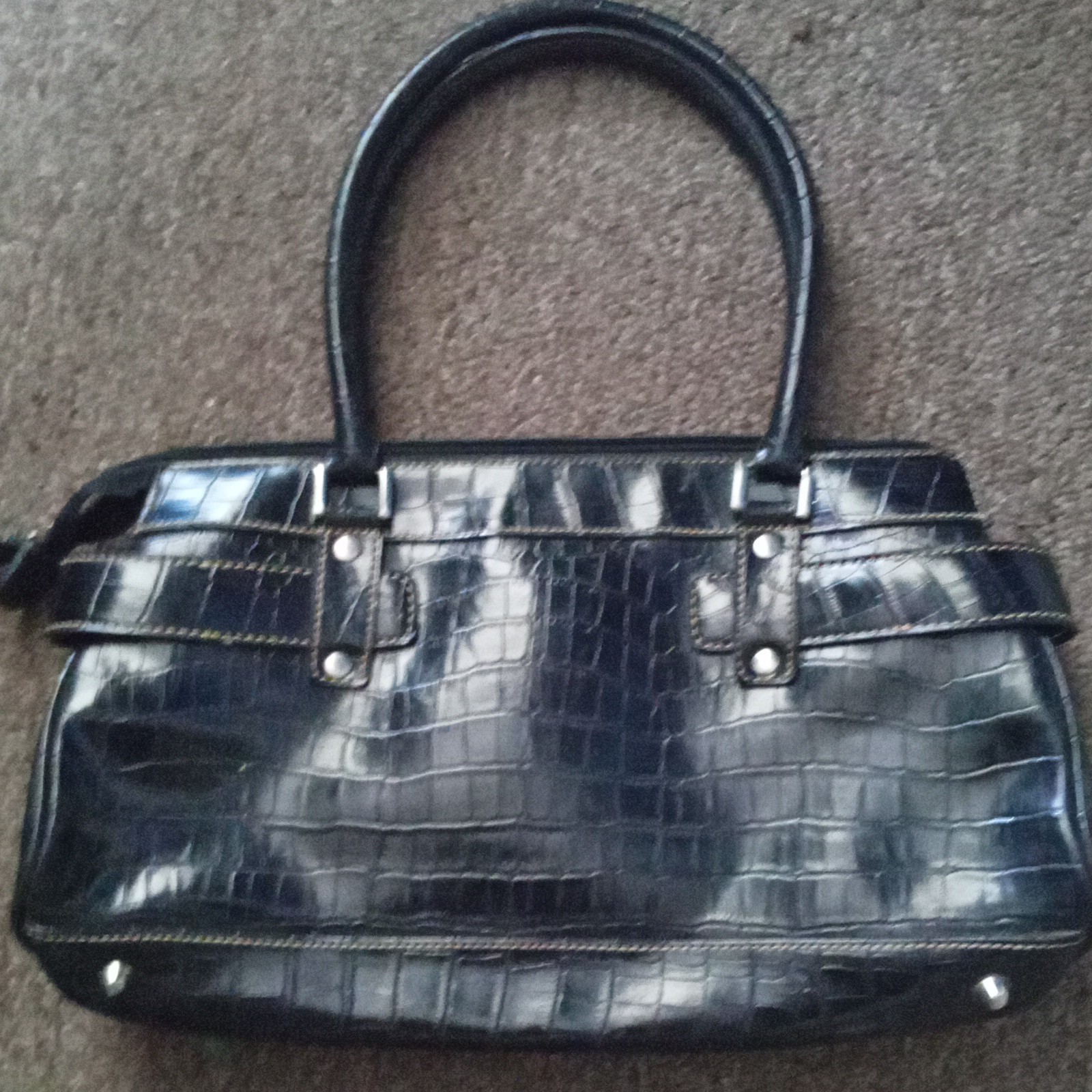 PRADA Black Crocodile Embossed Top Handle Bag Zip Closure Silver Hardware