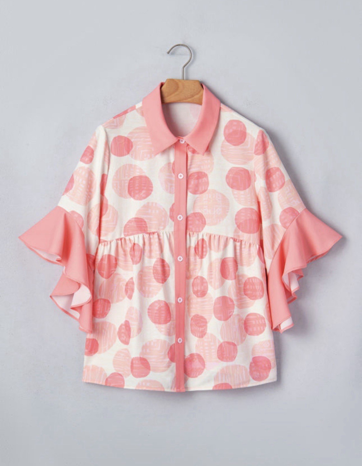 Pink Double Polka Dot Ruffle Trim Babydoll Shirt L