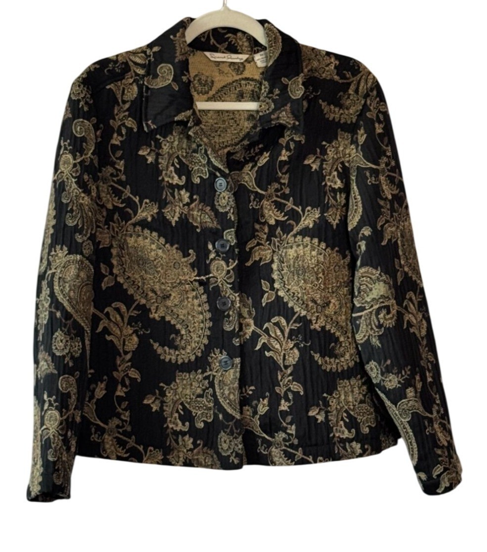French Laundry Paisley Jacquard Brocade Jacket Black Gold Textured – M