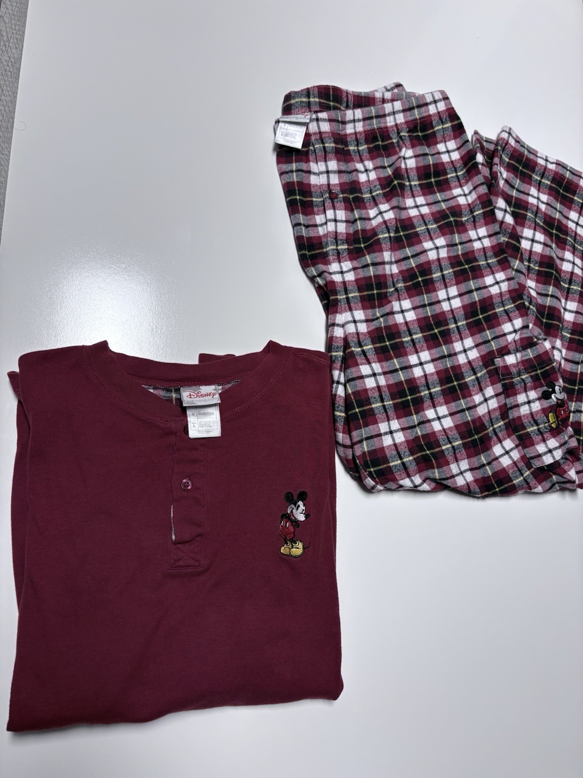 Disney Store Mickey unisx L 2pc Burgundy Cotton Flannel Plaid Pajama Set Pockets