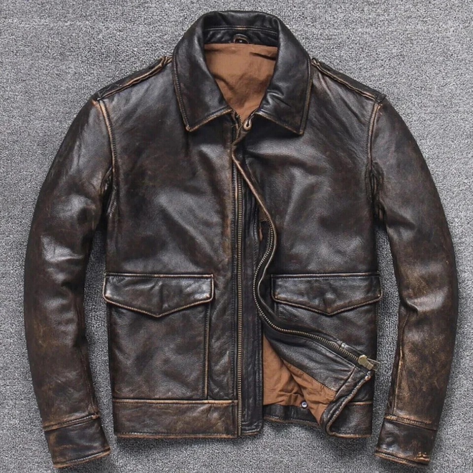 Mens A2 Bomber AIR Force Style Vintage Distressed Brown Real Leather Jacket