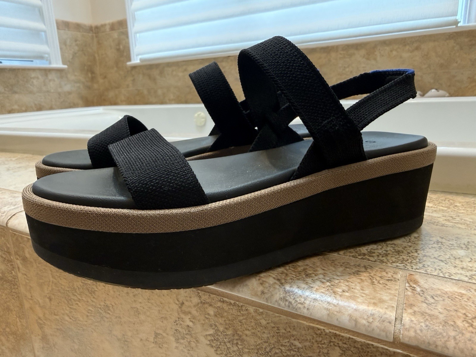 ROTHYS Women’s Black Strappy Platform Slip-On Sandals Hemp Upper US 8 EU38