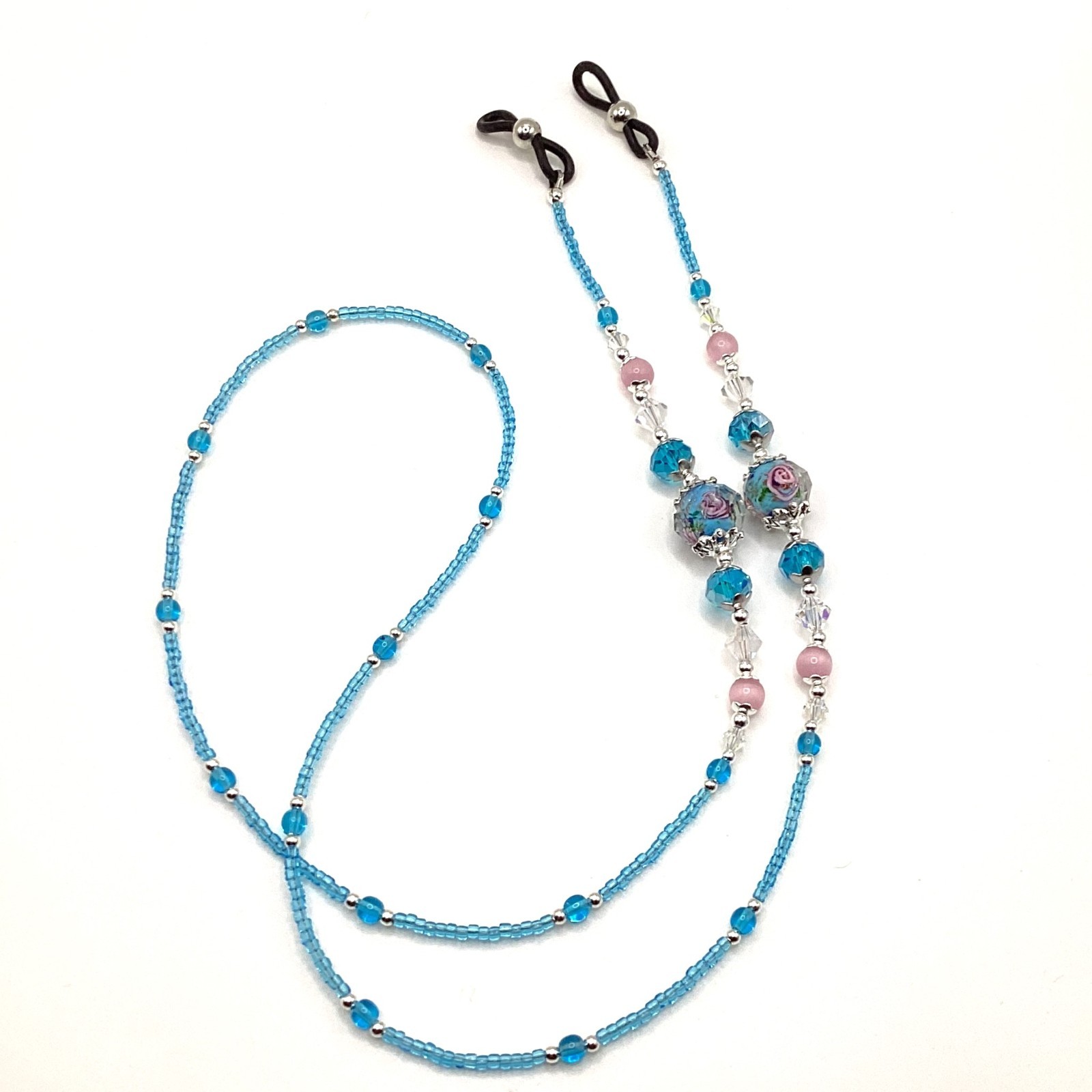 Turquoise and Pink Flowers, Beaded Eyeglass or Sunglass Chain Holder, 28 inches