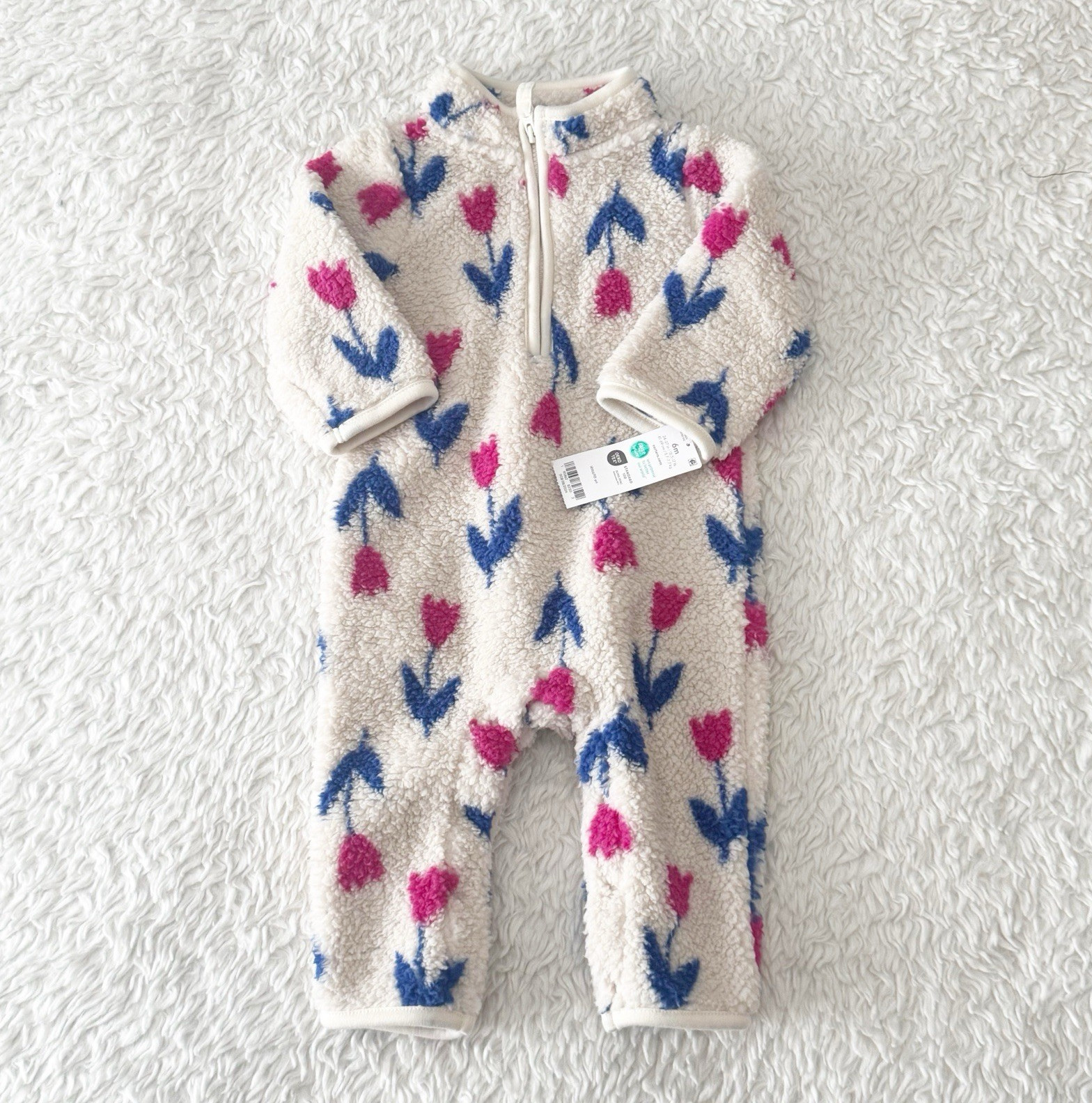 Carter’s Sherpa Floral Zip Coverall One-Piece 6M Ivory Pink Blue Polyester