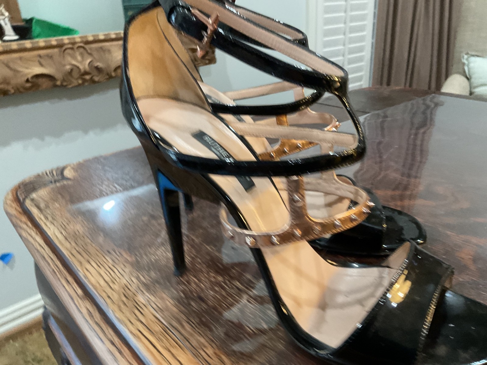 Ruthie Davis Size 9 Strappy Black Stilletos w Gold spike embellishments.