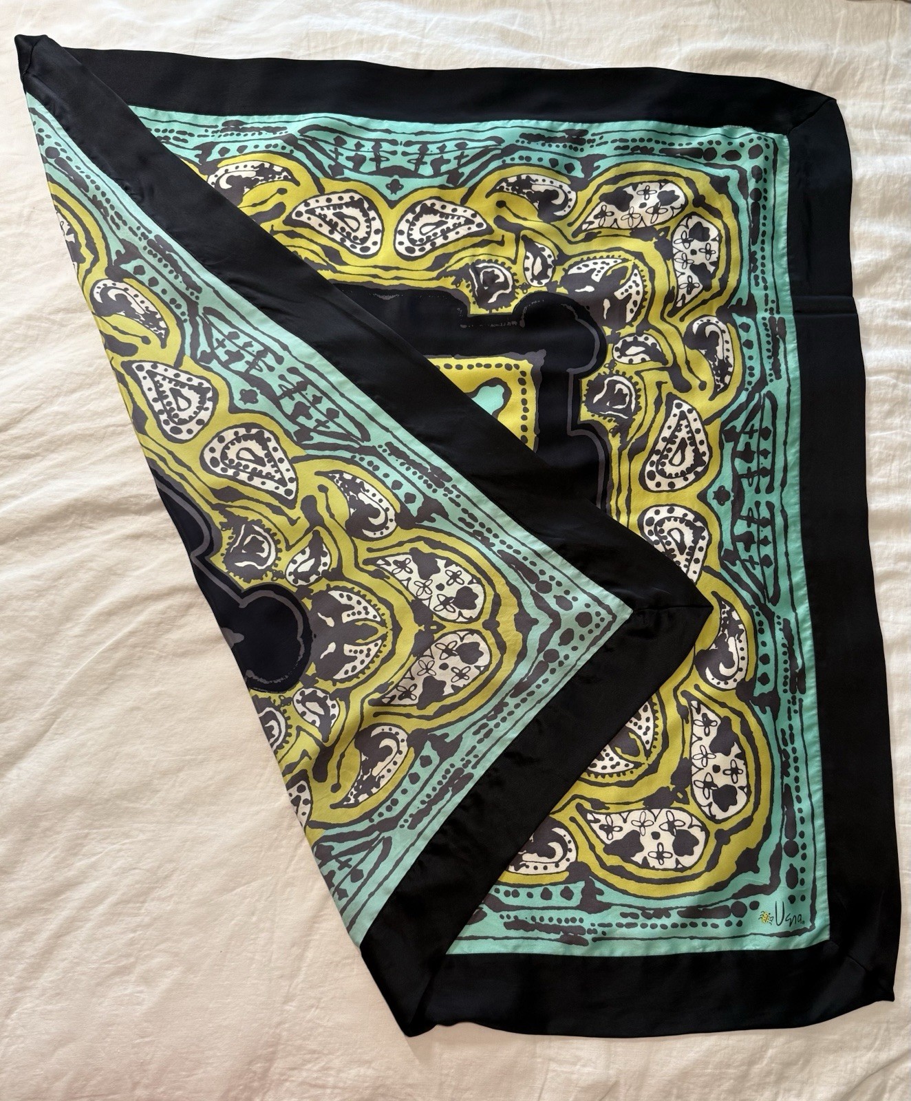 Vera Neumann Bold Teal Black Celadon Silk Scarf With Double Layer Border 43in Sq