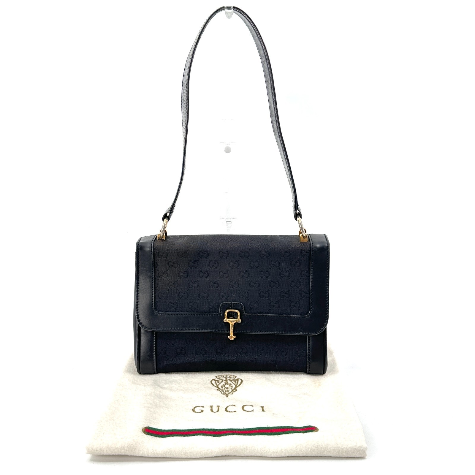 Vintege GUCCI Shoulder Bag GG Horse Bit Black Leather Canvas Auth From Japan