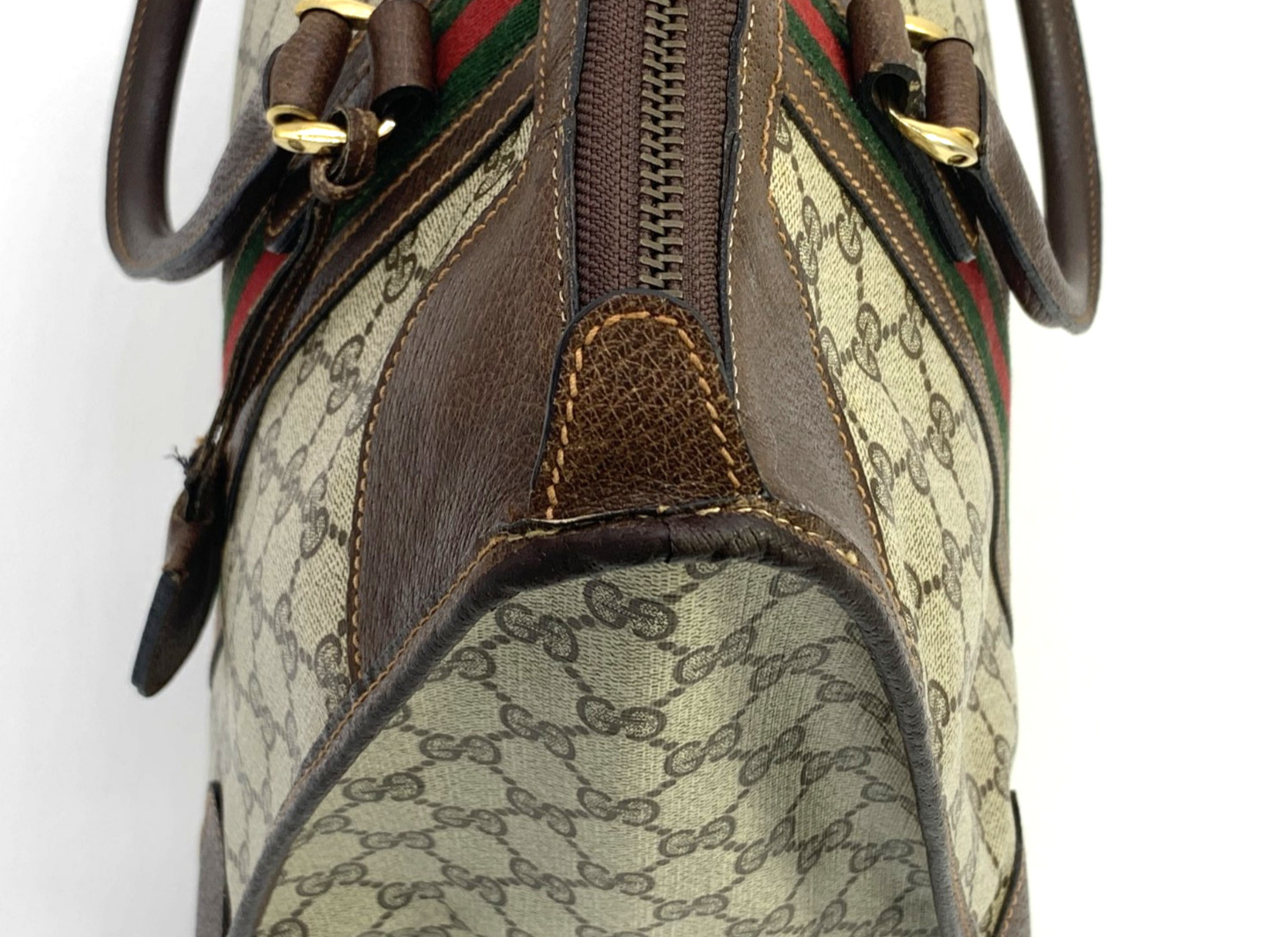 GUCCI VINTAGE Web Stripe Handbag Boston GG Supreme Classic Brown Rare Authentic