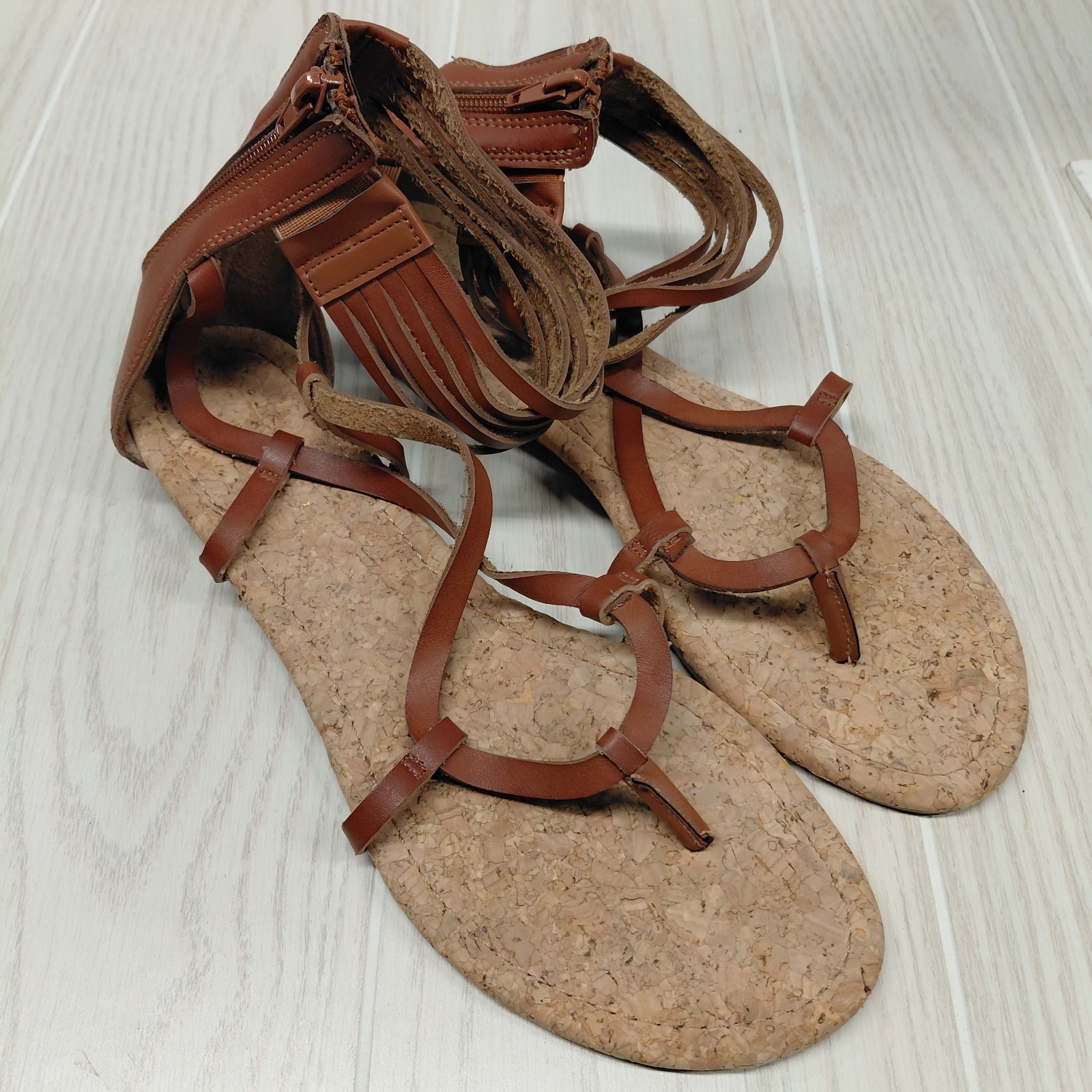 Rampage Women Leather Gladiator Ankle Strap Sandals Tan 9.5 Flat Sandal Festival