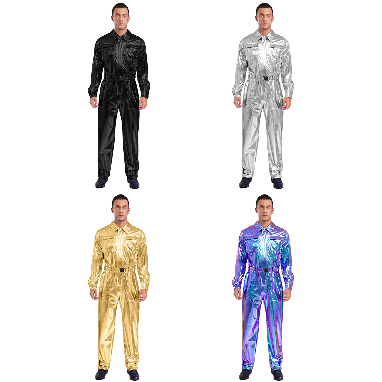 US Mens Shiny Metallic Overalls Turn-down Collar Long Sleeves Jumpsuit Clubwear