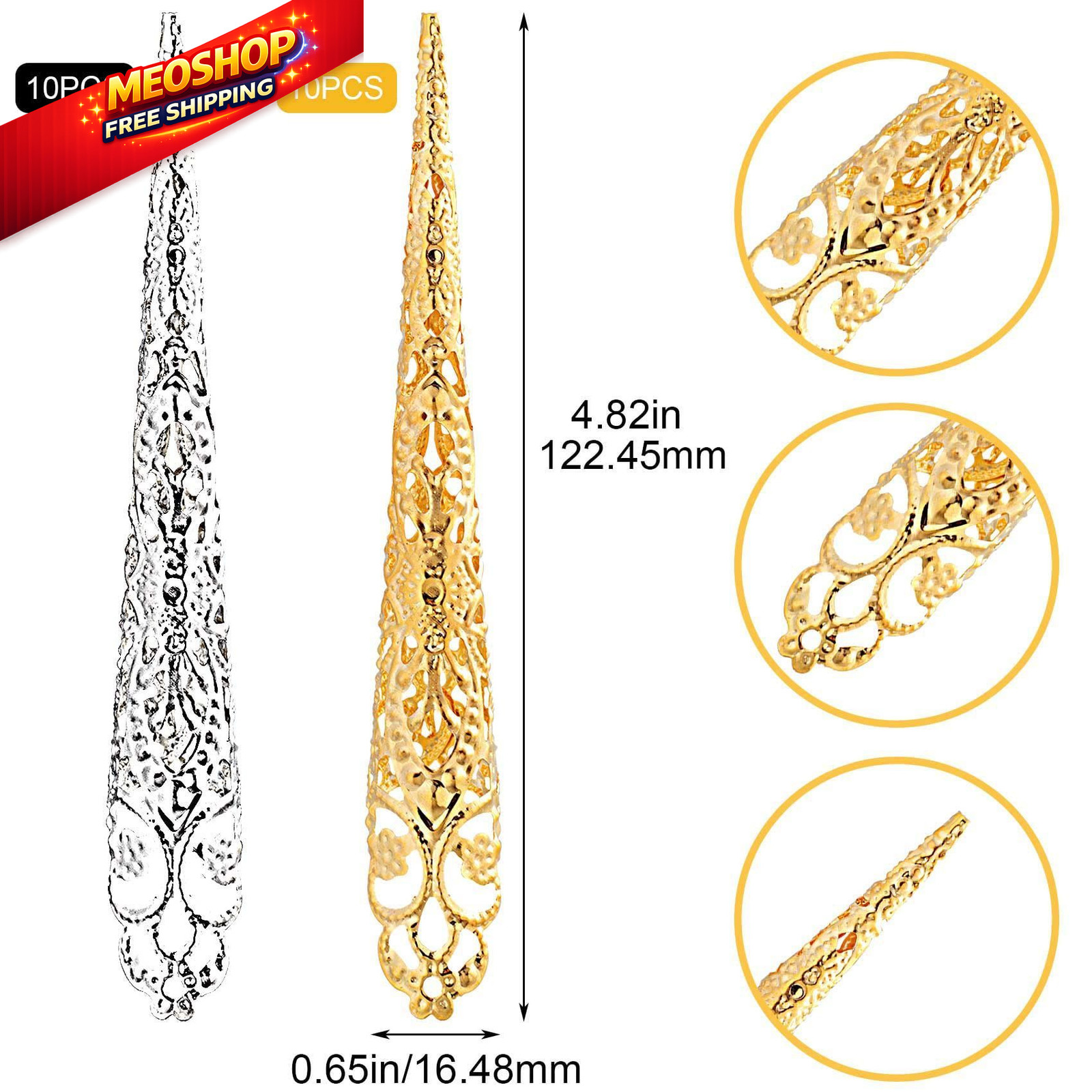 ANCIRS 20 Pack Finger Nail 20 Count (Pack of 1), 10pcs gold & silver