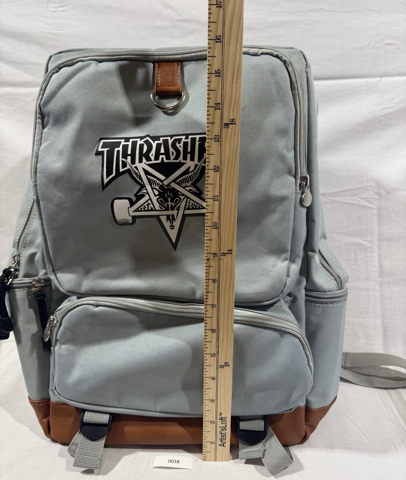 Thrasher Gray/Brown Logo Large Backpack Zip Closure, Pockets, Padded Straps