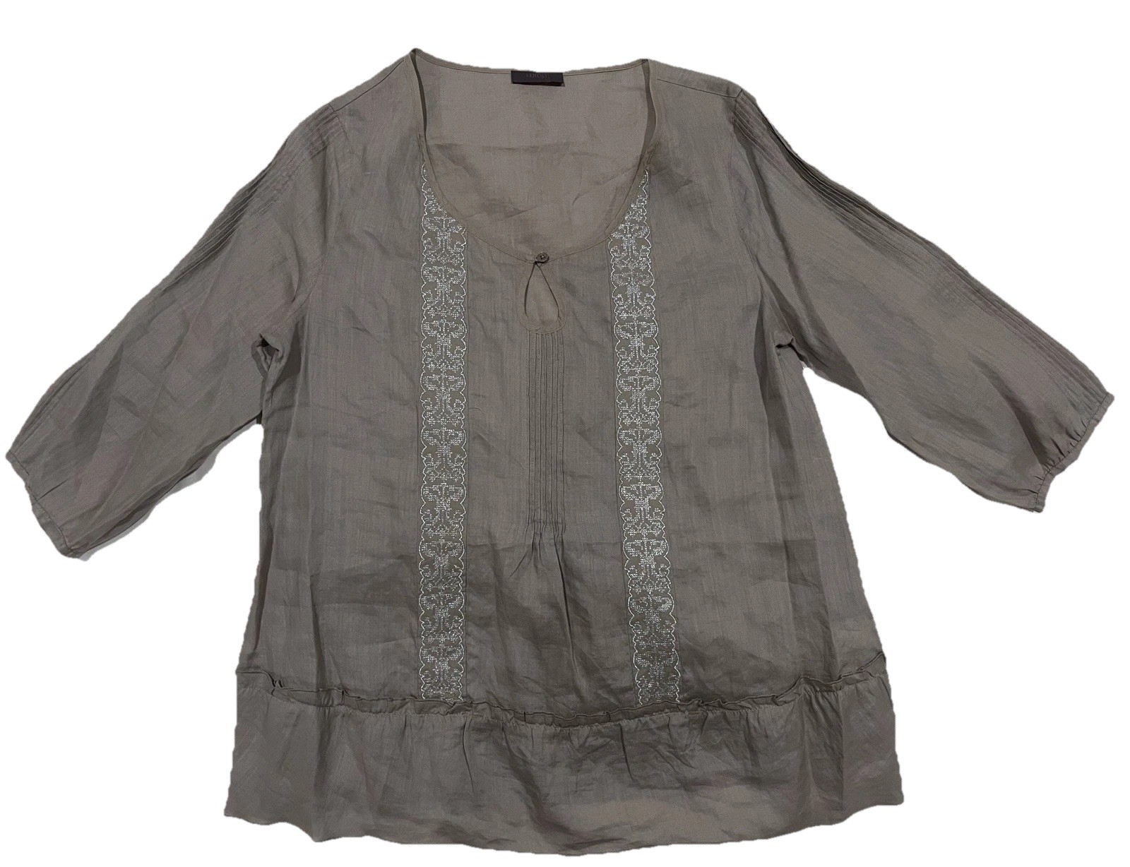 NWT Wrap Women’s Boho Peasant Blouse 100% Ramie Taupe Metallic Embroidery UK 12